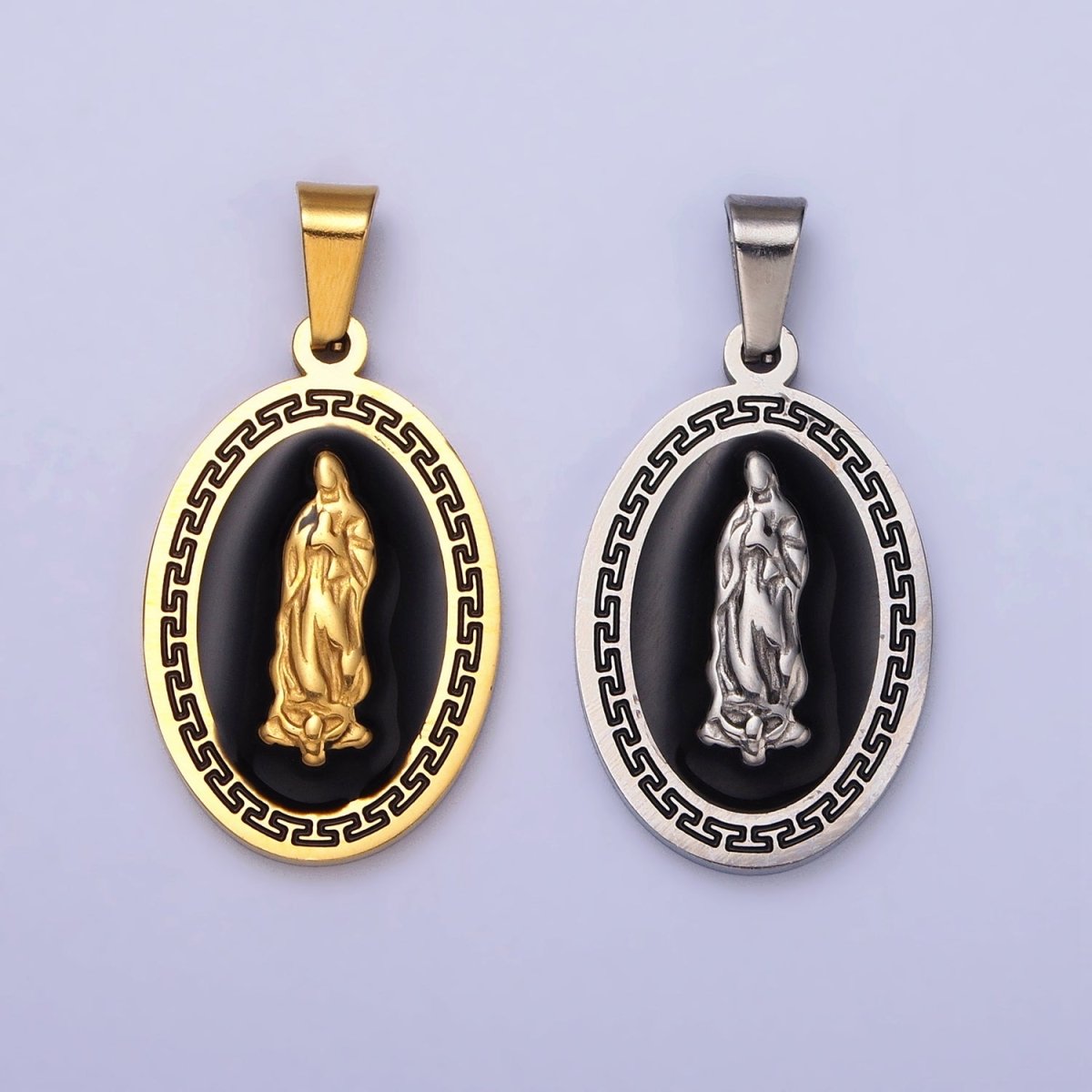 Stainless Steel Mother Virgin Mary Lady Guadalupe Black Enamel Oval Pendant in Gold & Silver J-619 J-625