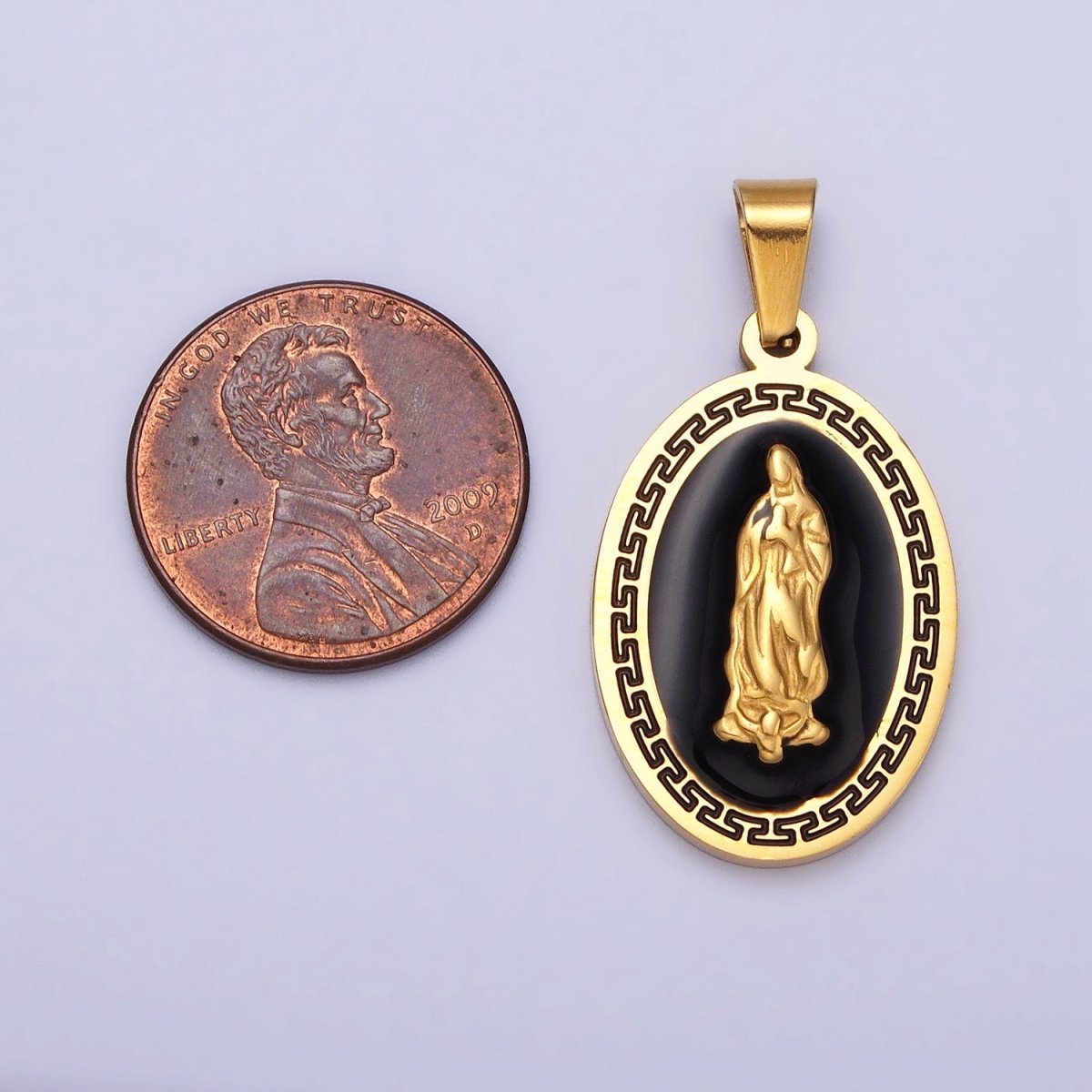Stainless Steel Mother Virgin Mary Lady Guadalupe Black Enamel Oval Pendant in Gold & Silver J-619 J-625