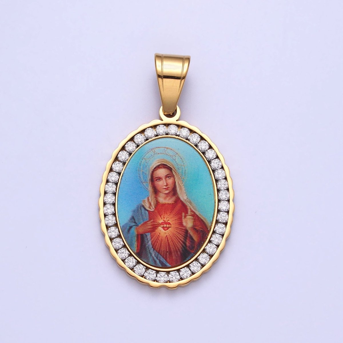 Stainless Steel Mother Virgin Mary Sacred Heart Micro Paved CZ Oval Pendant in Gold & Silver Religious Jewelry J-778 J-779