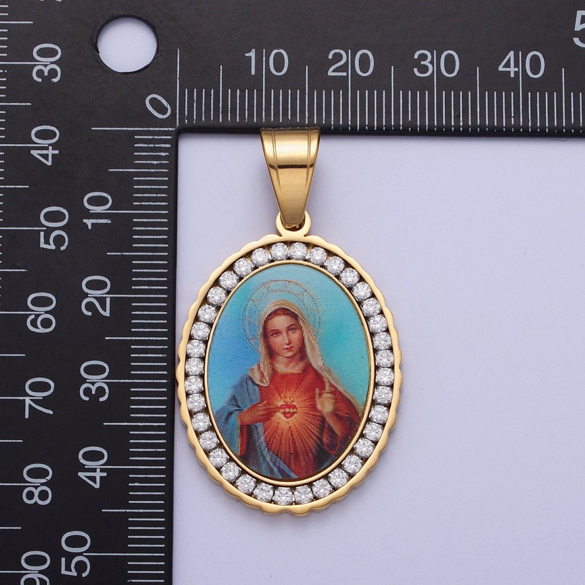 Stainless Steel Mother Virgin Mary Sacred Heart Micro Paved CZ Oval Pendant in Gold & Silver Religious Jewelry J-778 J-779