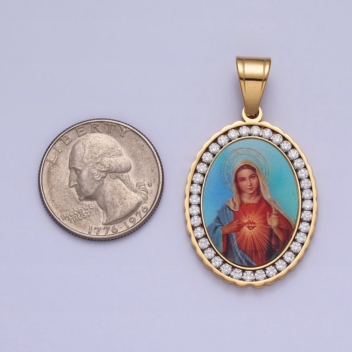 Stainless Steel Mother Virgin Mary Sacred Heart Micro Paved CZ Oval Pendant in Gold & Silver Religious Jewelry J-778 J-779
