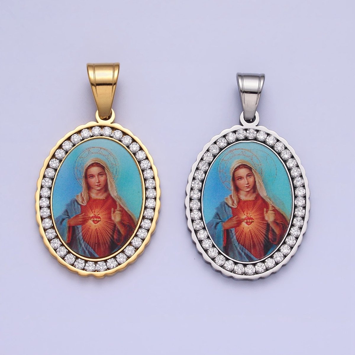 Stainless Steel Mother Virgin Mary Sacred Heart Micro Paved CZ Oval Pendant in Gold & Silver Religious Jewelry J-778 J-779