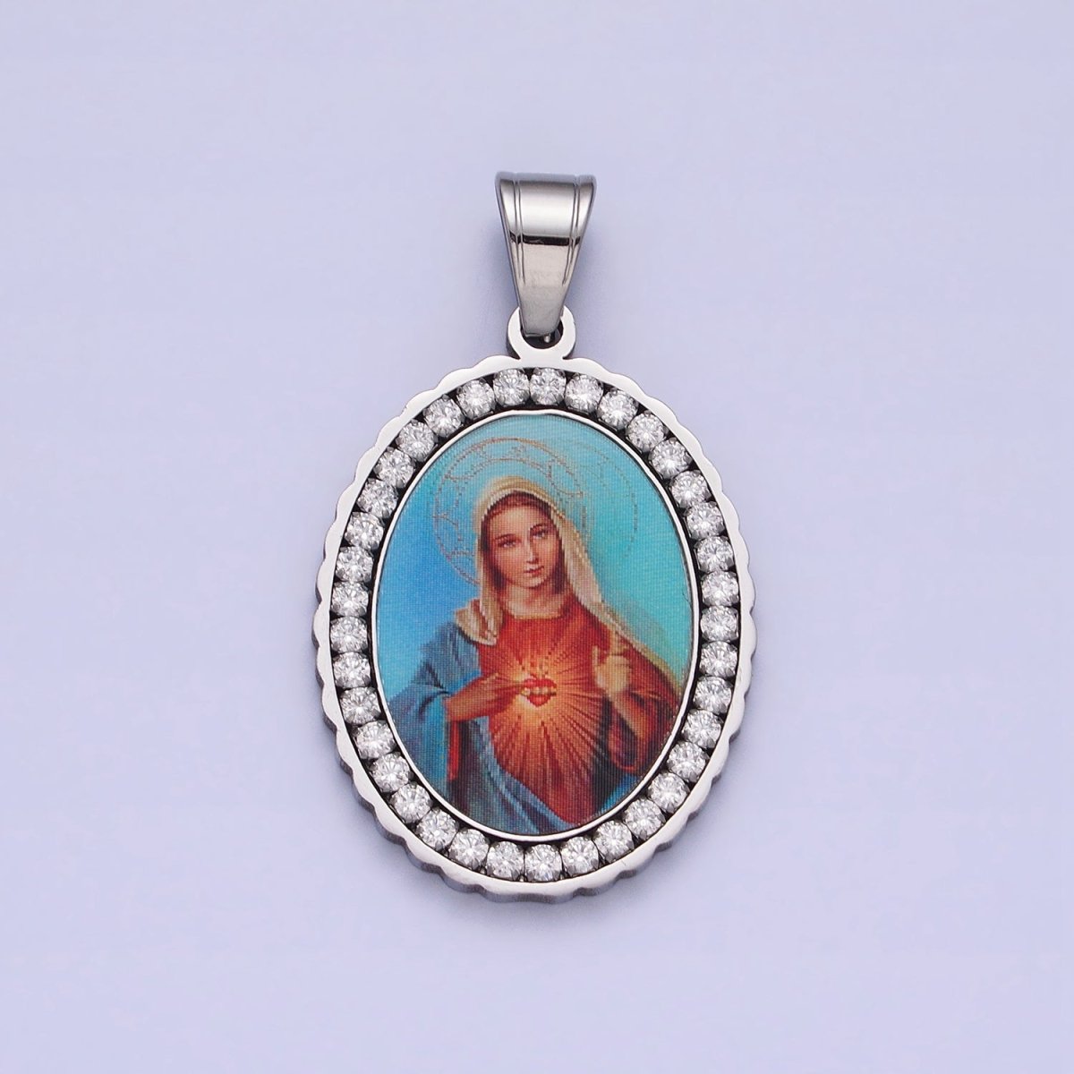 Stainless Steel Mother Virgin Mary Sacred Heart Micro Paved CZ Oval Pendant in Gold & Silver Religious Jewelry J-778 J-779