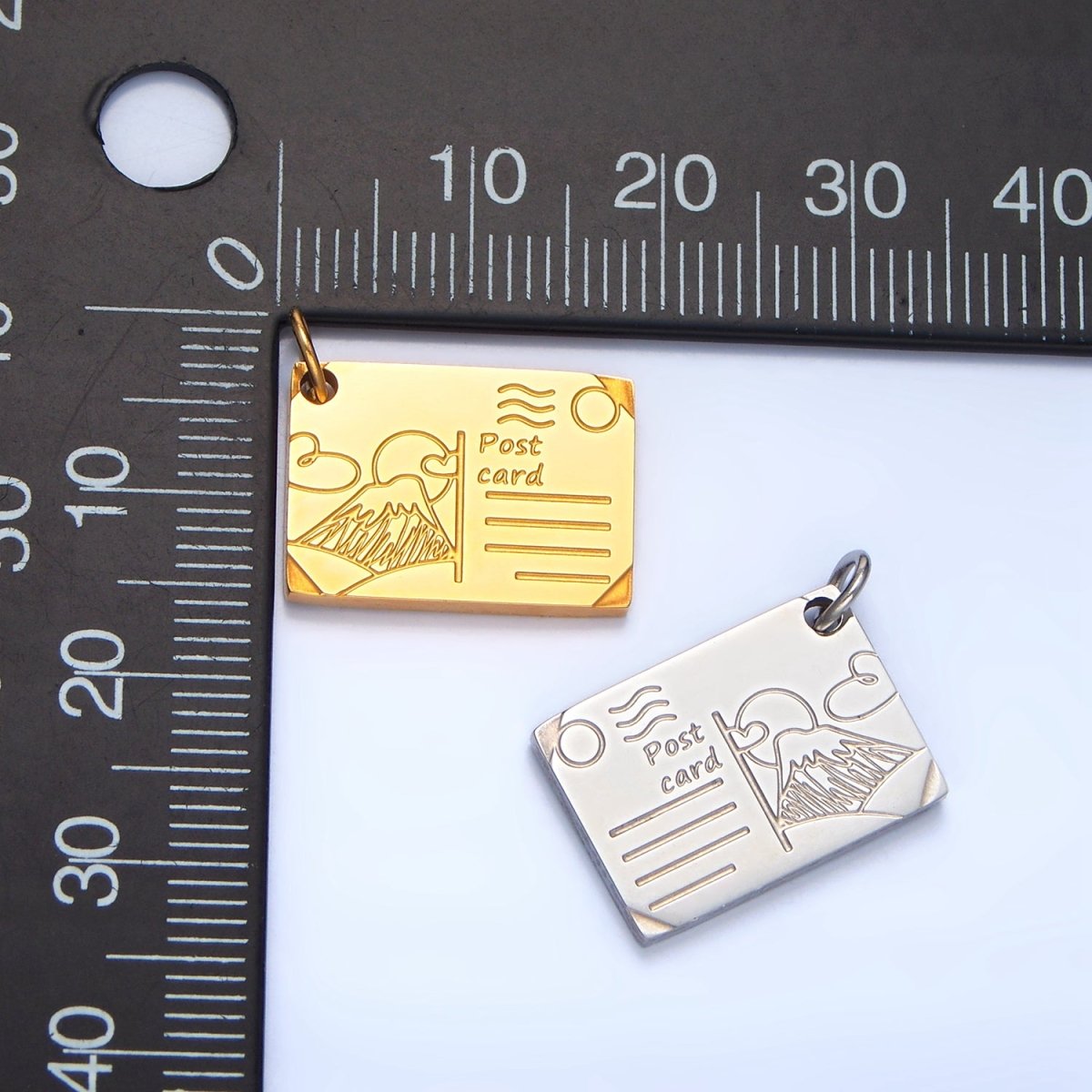 Stainless Steel Mount Fuji Japan Engraved Post Card Charm in Gold & Silver | P1248