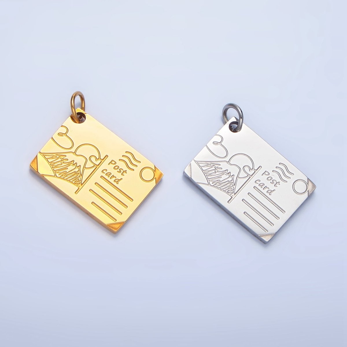 Stainless Steel Mount Fuji Japan Engraved Post Card Charm in Gold & Silver | P1248