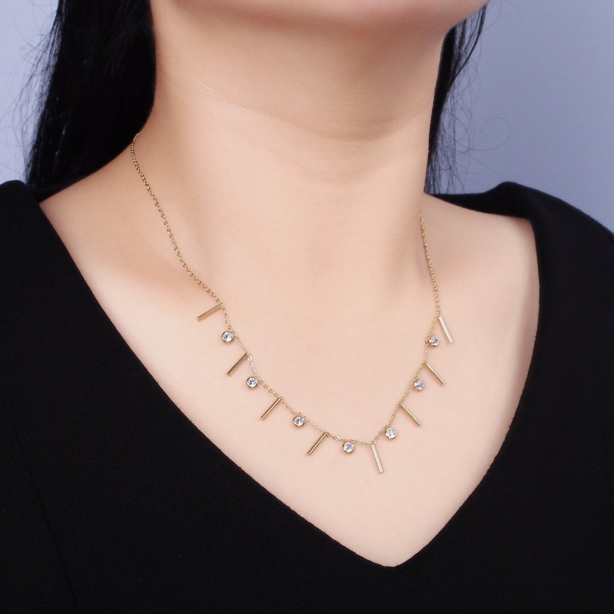 Stainless Steel Multiple Clear Round CZ Bar 18 Inch Cable Layering Chain Necklace | WA-2034 Clearance Pricing