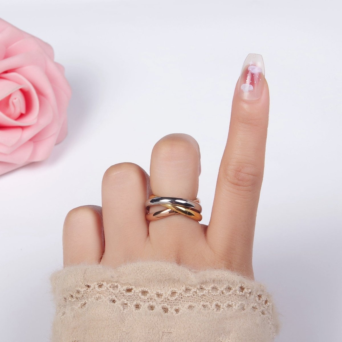 Stainless Steel Multiple Three Mixed Tone Interlock Band Ring | R412 - R414