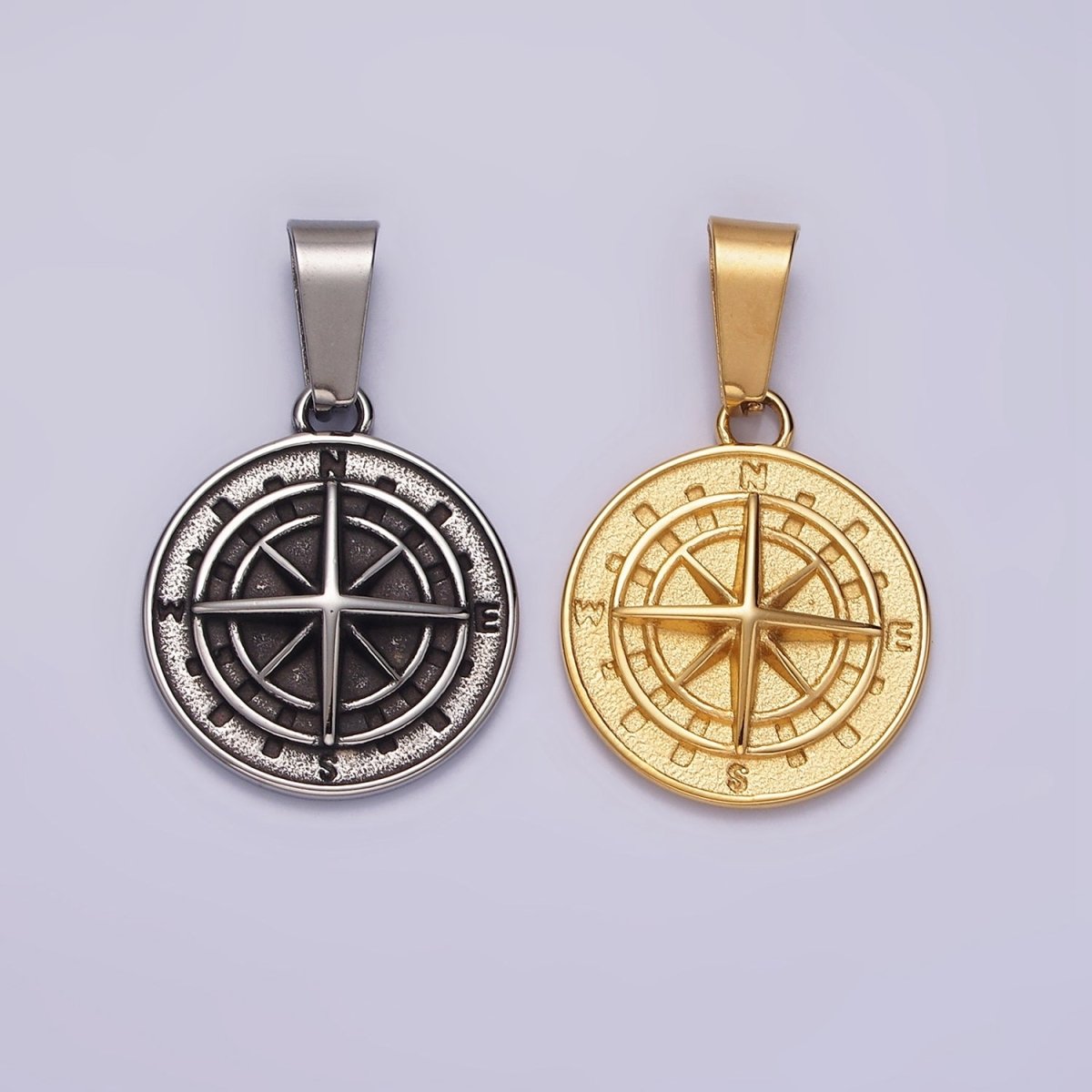 Stainless Steel Nautical Compass Round Medallion Pendant in Silver & Gold | P-762 P-763