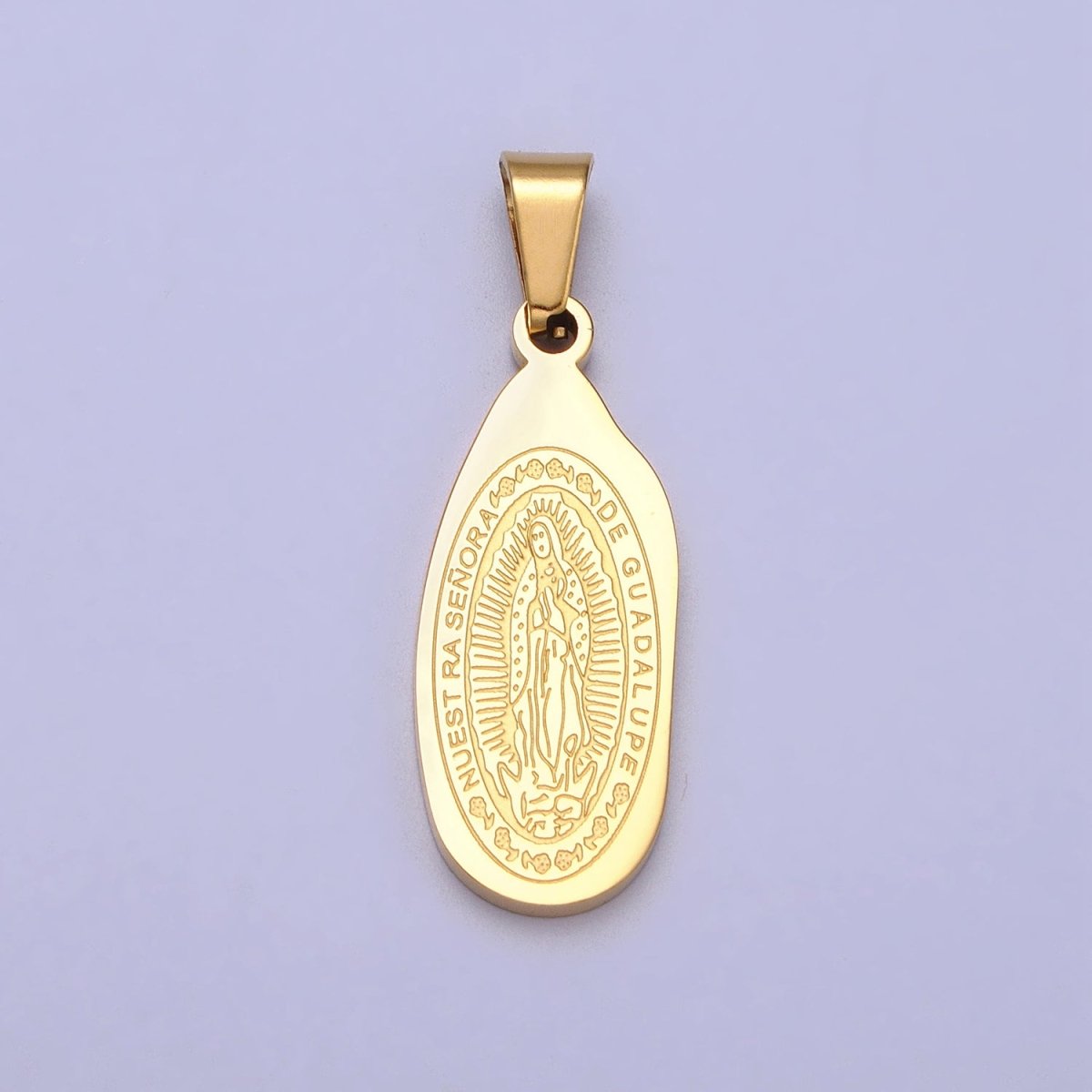 Stainless Steel Nuestra Señora De Guadalupe Engraved Abstract Oval Pendant in Gold & Silver J-613 J-618