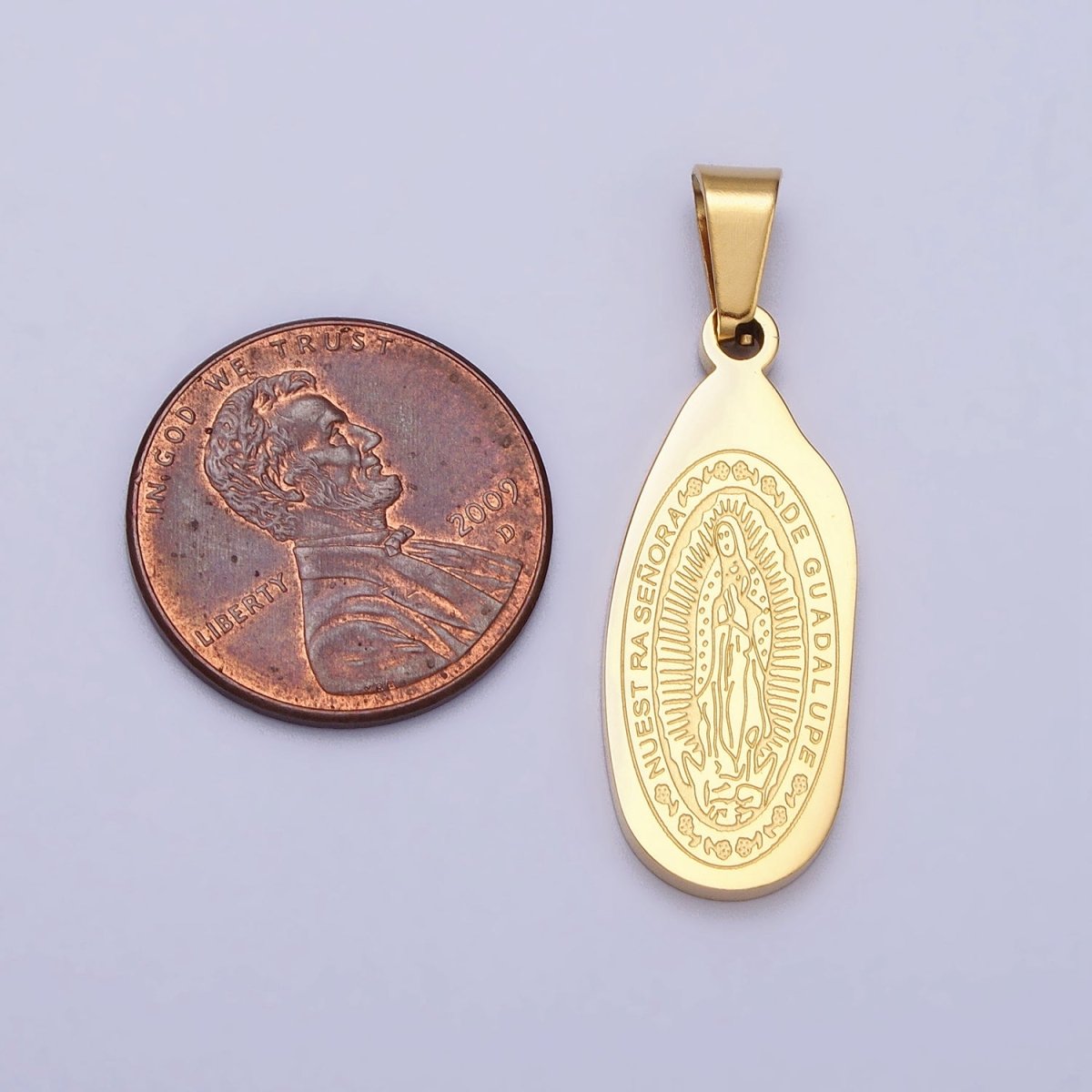 Stainless Steel Nuestra Señora De Guadalupe Engraved Abstract Oval Pendant in Gold & Silver J-613 J-618
