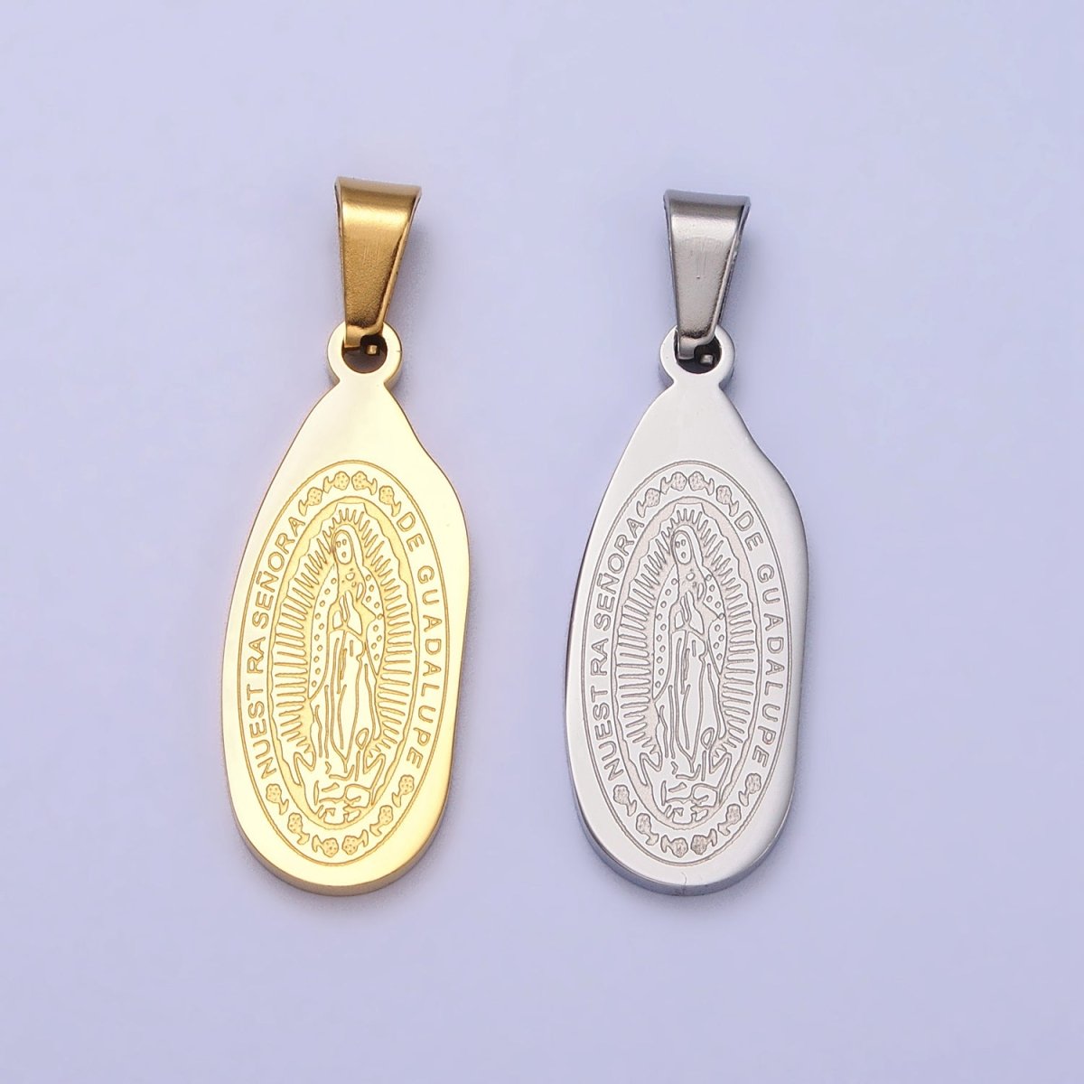 Stainless Steel Nuestra Señora De Guadalupe Engraved Abstract Oval Pendant in Gold & Silver J-613 J-618