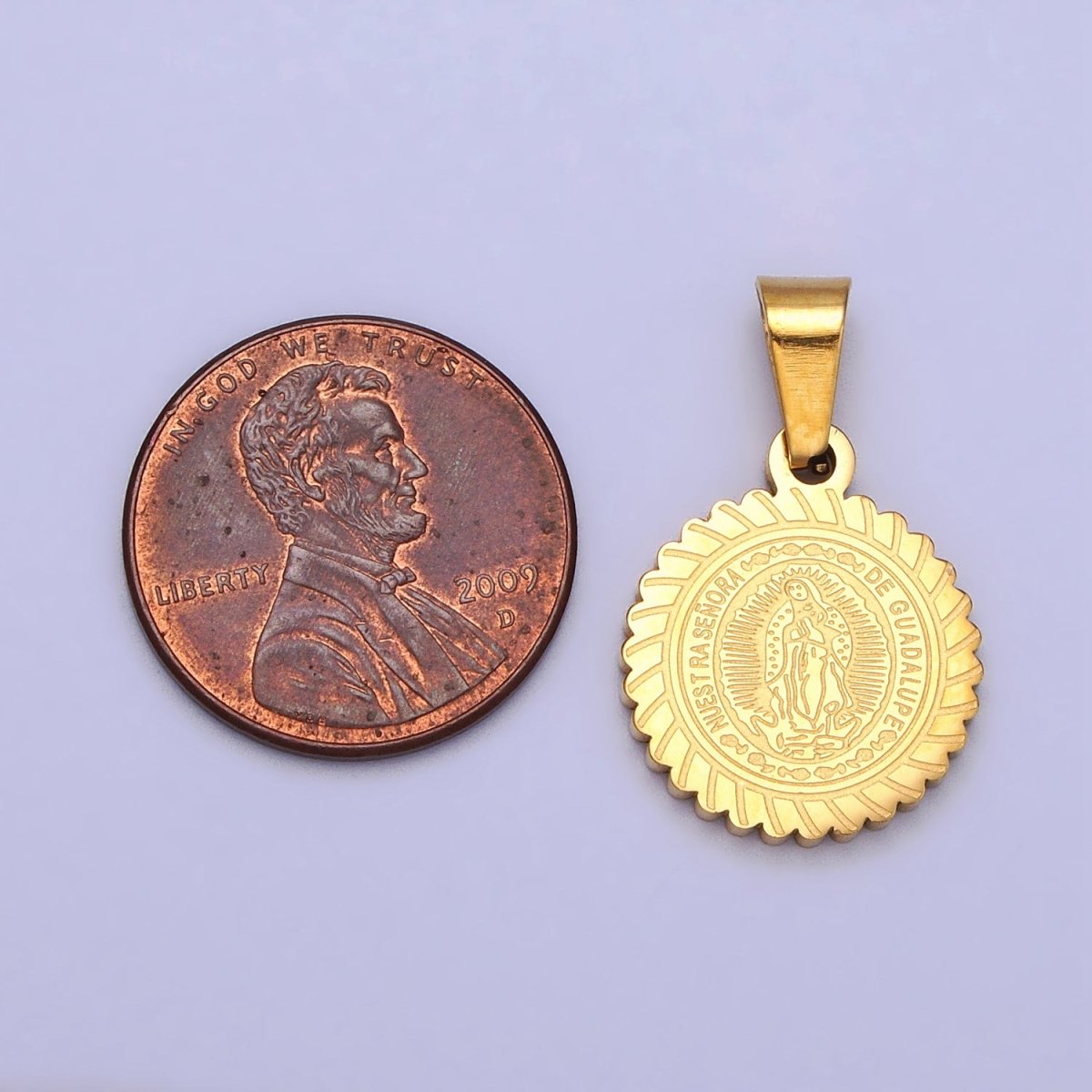 Stainless Steel Nuestra Señora De Guadalupe Engraved Round Pendant in Gold & Silver J-642 J-648