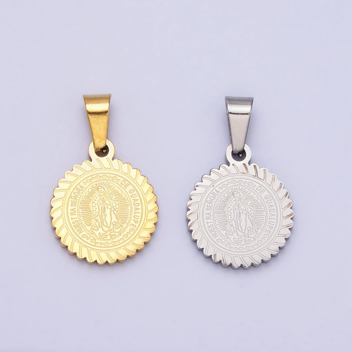 Stainless Steel Nuestra Señora De Guadalupe Engraved Round Pendant in Gold & Silver J-642 J-648