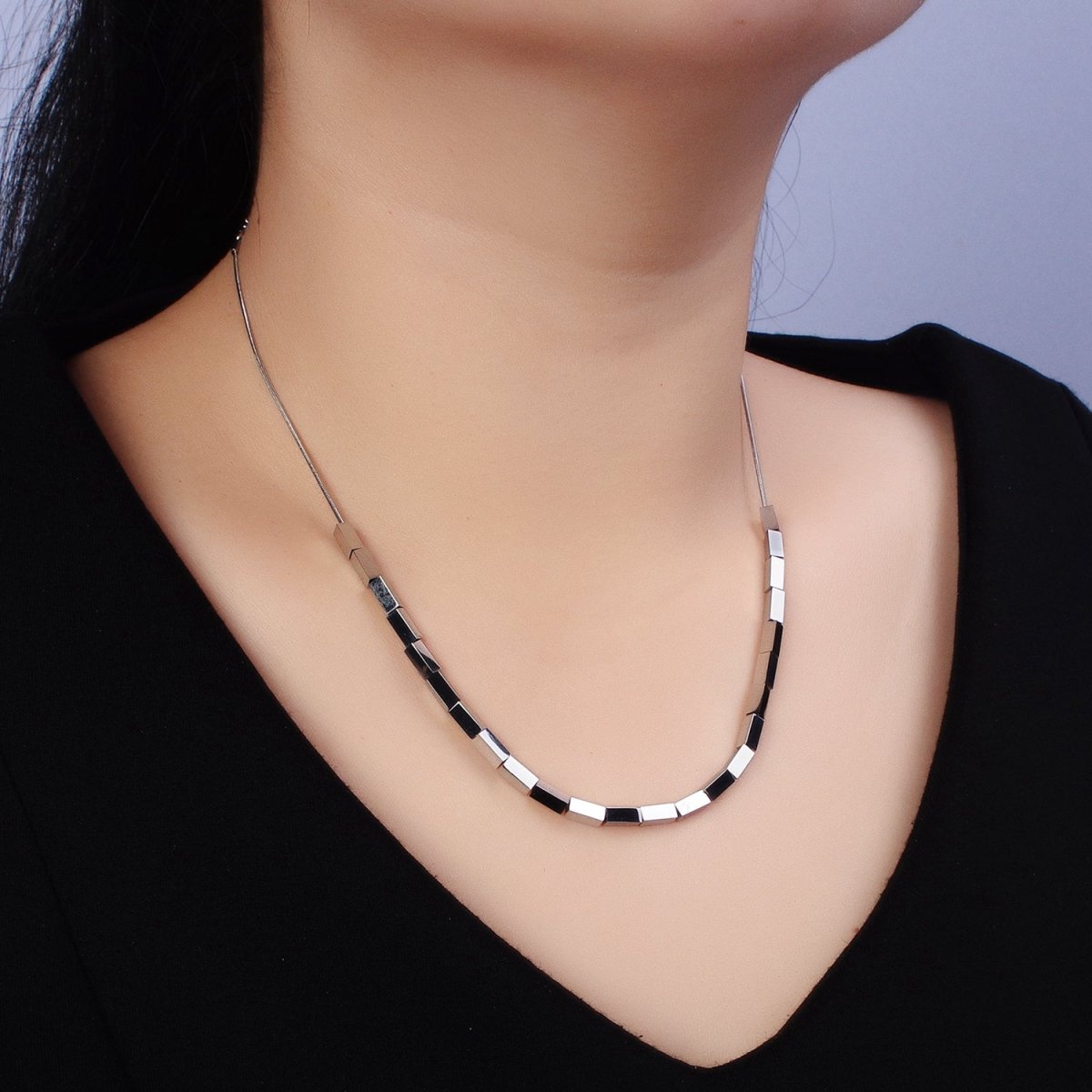 Stainless Steel Omega Rectangular Bead 16 Inch Choker Necklace in Gold & Silver | WA-1637 WA-1638 Clearance Pricing