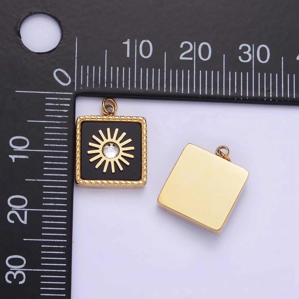 Stainless Steel Onyx, Shell Pearl CZ Celestial Sun Square Charm | P947