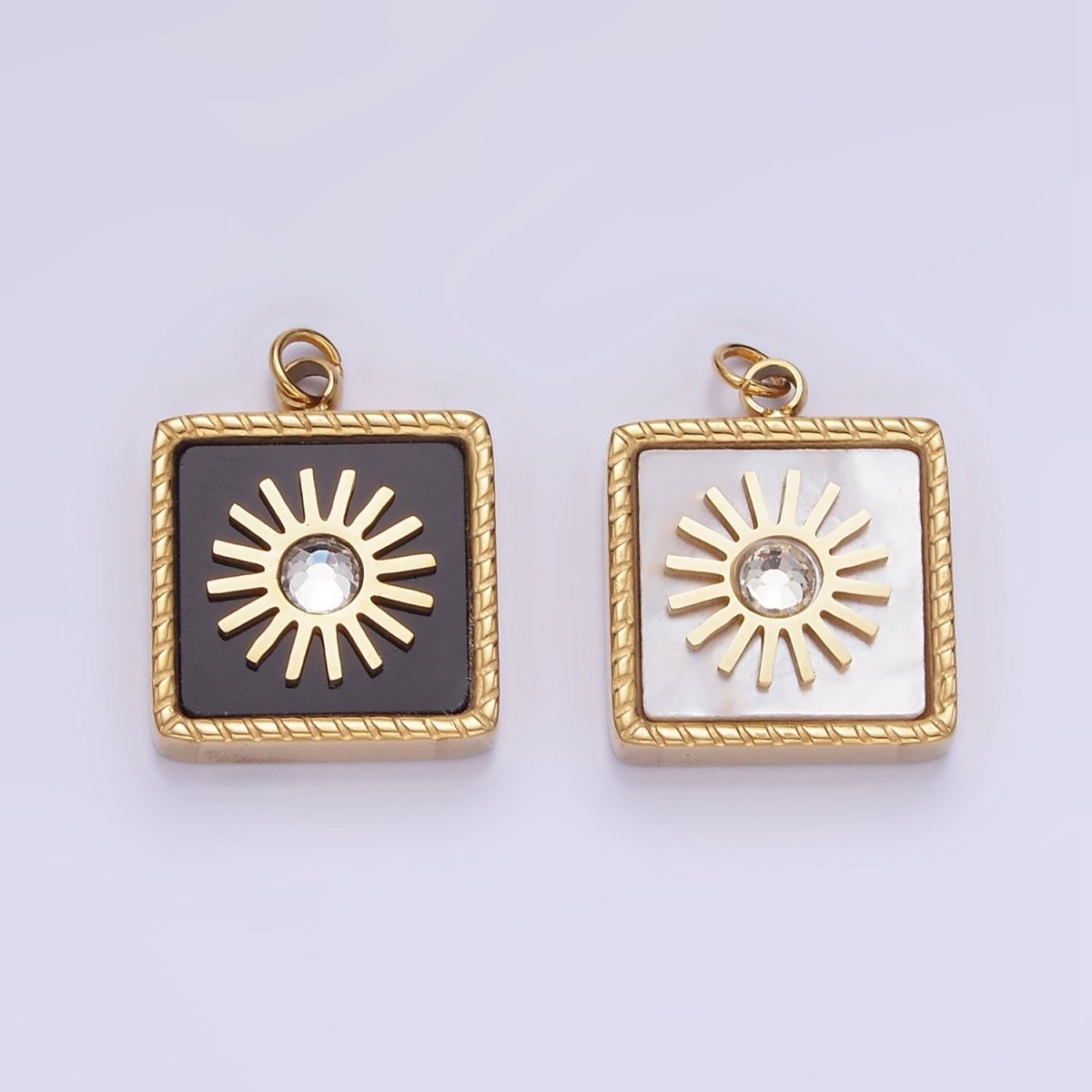Stainless Steel Onyx, Shell Pearl CZ Celestial Sun Square Charm | P947