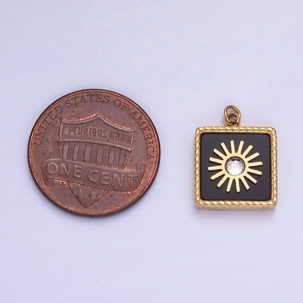 Stainless Steel Onyx, Shell Pearl CZ Celestial Sun Square Charm | P947
