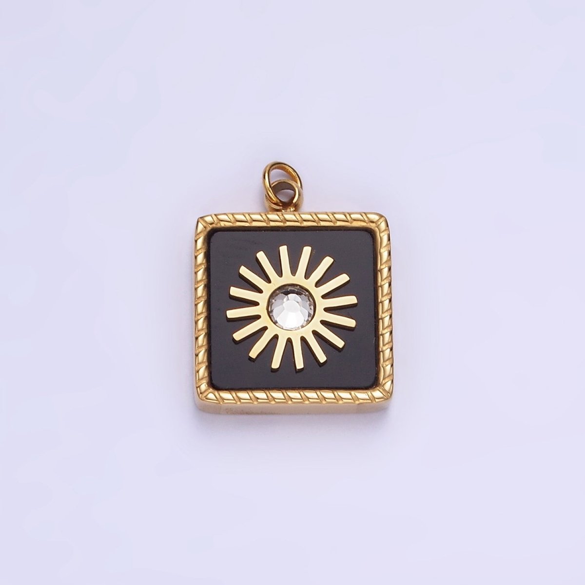Stainless Steel Onyx, Shell Pearl CZ Celestial Sun Square Charm | P947