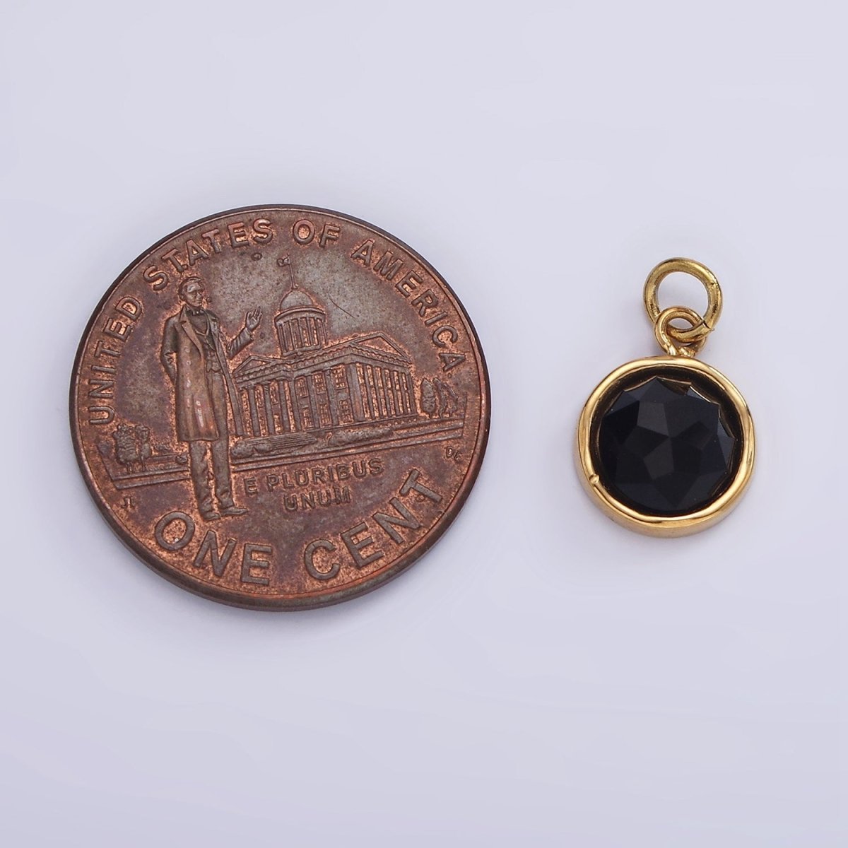 Stainless Steel Onyx, Zoisite Multifaceted Glossed Gem Bezel Round Charm in Gold & Silver | P1316-P1317