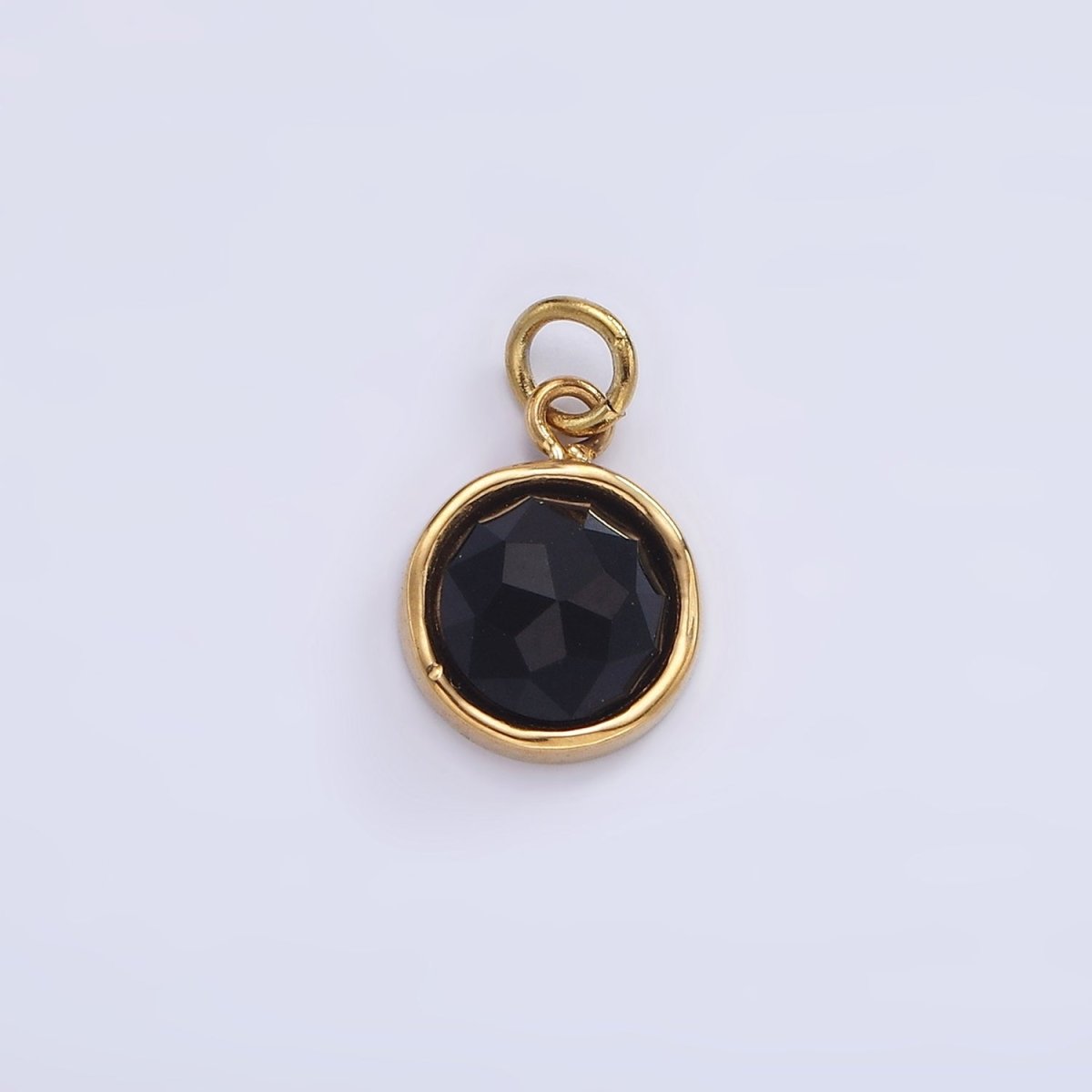 Stainless Steel Onyx, Zoisite Multifaceted Glossed Gem Bezel Round Charm in Gold & Silver | P1316-P1317