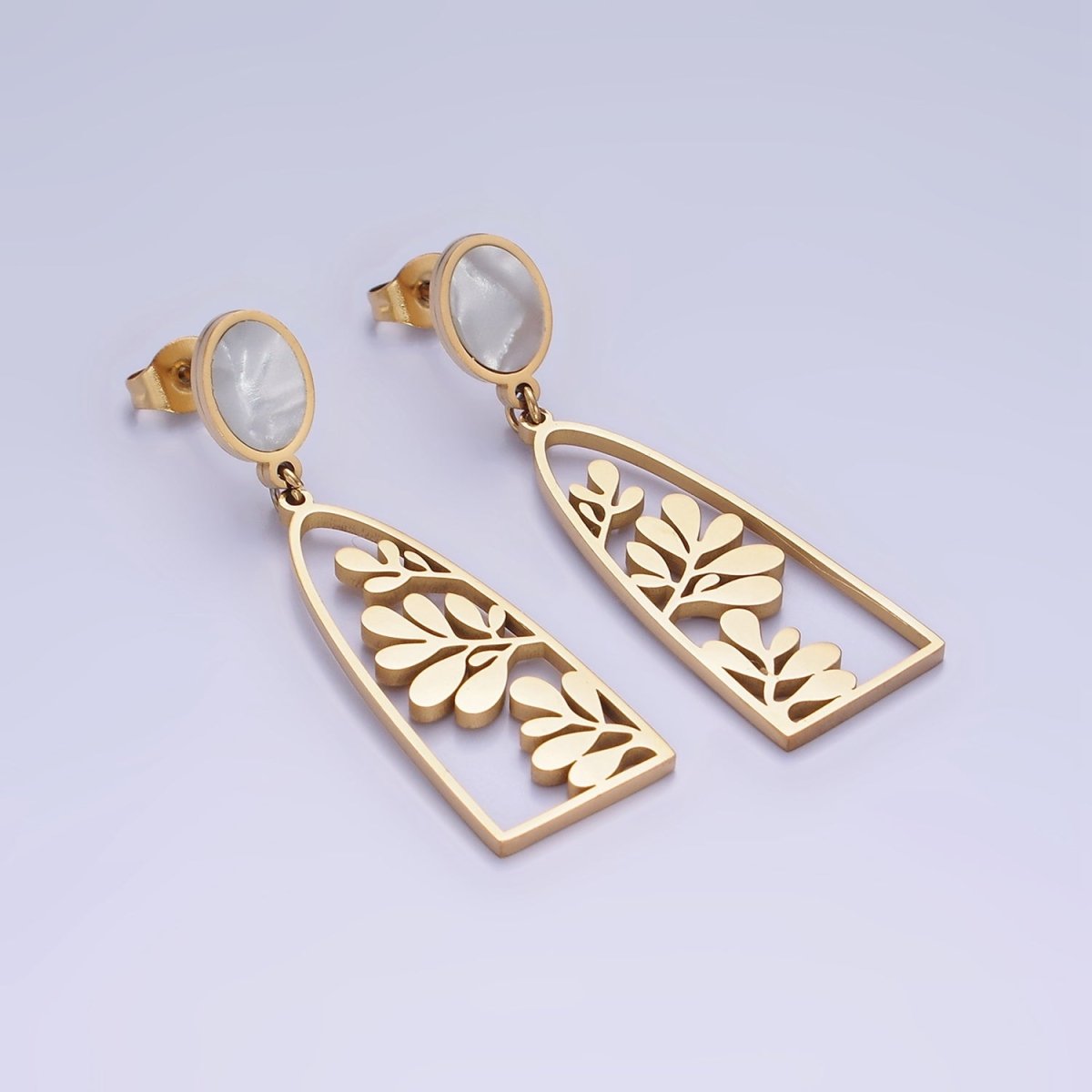 Stainless Steel Open Nature Compound Leaf Shell Pearl Oval Stud Drop Earrings Set | AE461 - DLUXCA