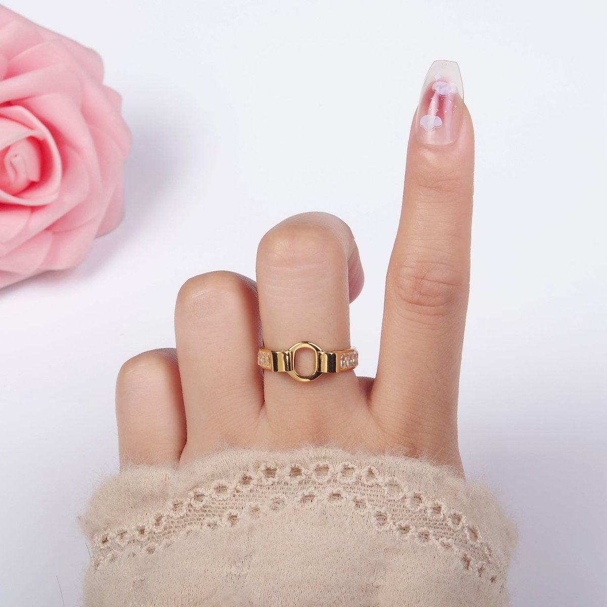 Stainless Steel Open Round Baguette Lined Ring | U048 - U050