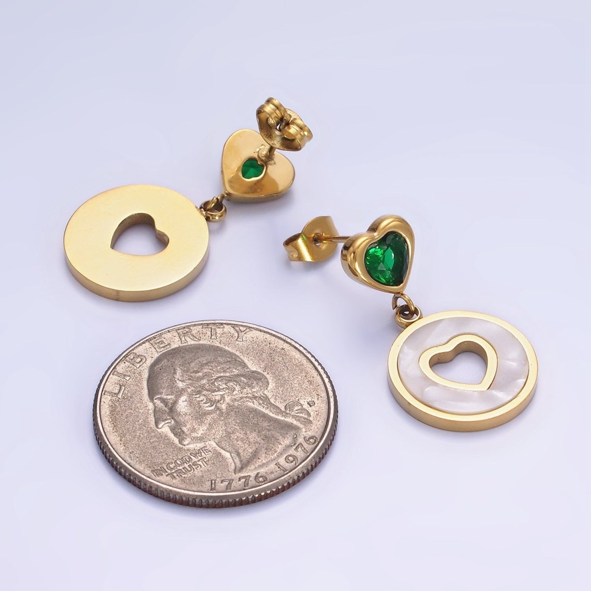 Stainless Steel Open Shell Pearl Heart Pink, Green CZ Drop Stud Earrings | AE473 AE474