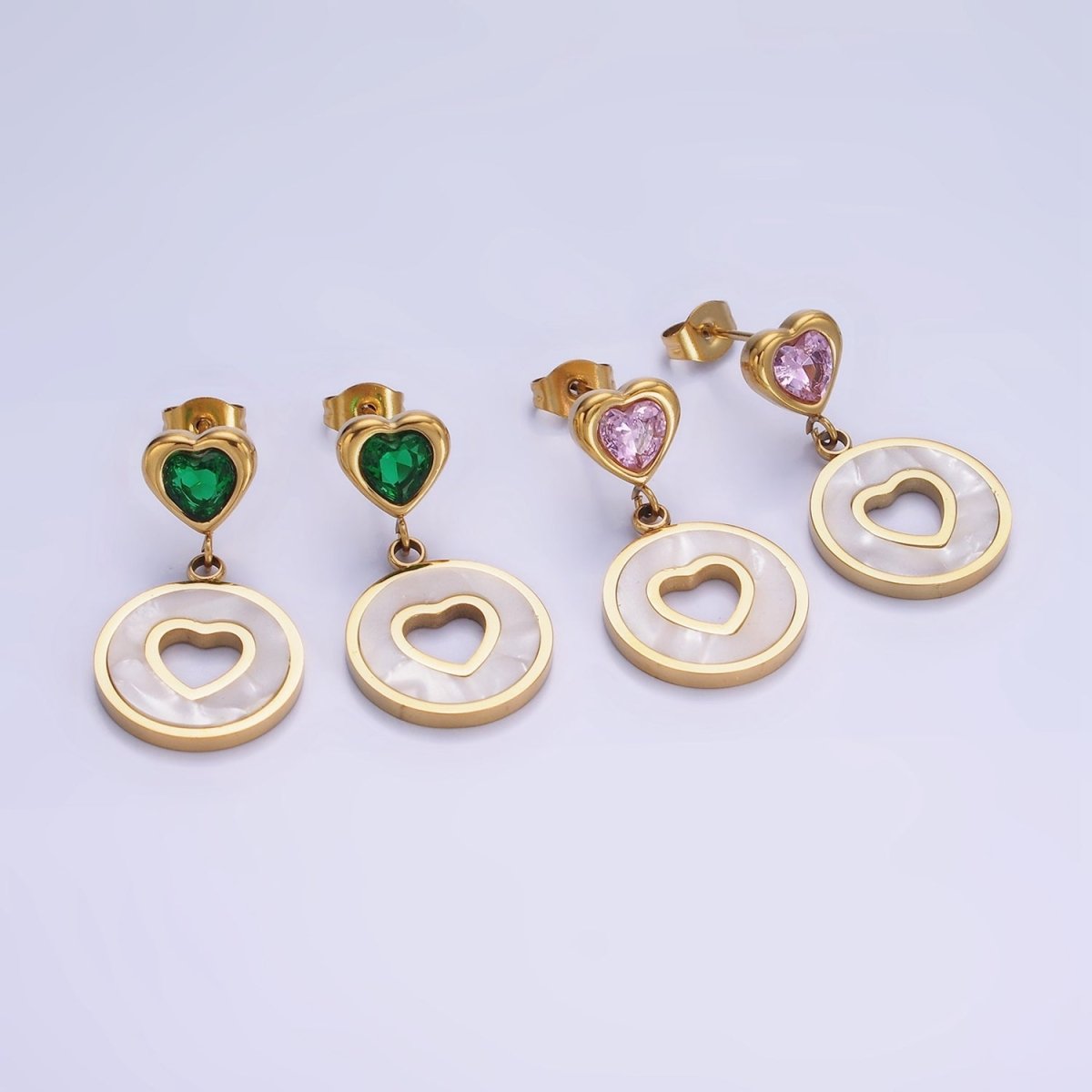 Stainless Steel Open Shell Pearl Heart Pink, Green CZ Drop Stud Earrings | AE473 AE474