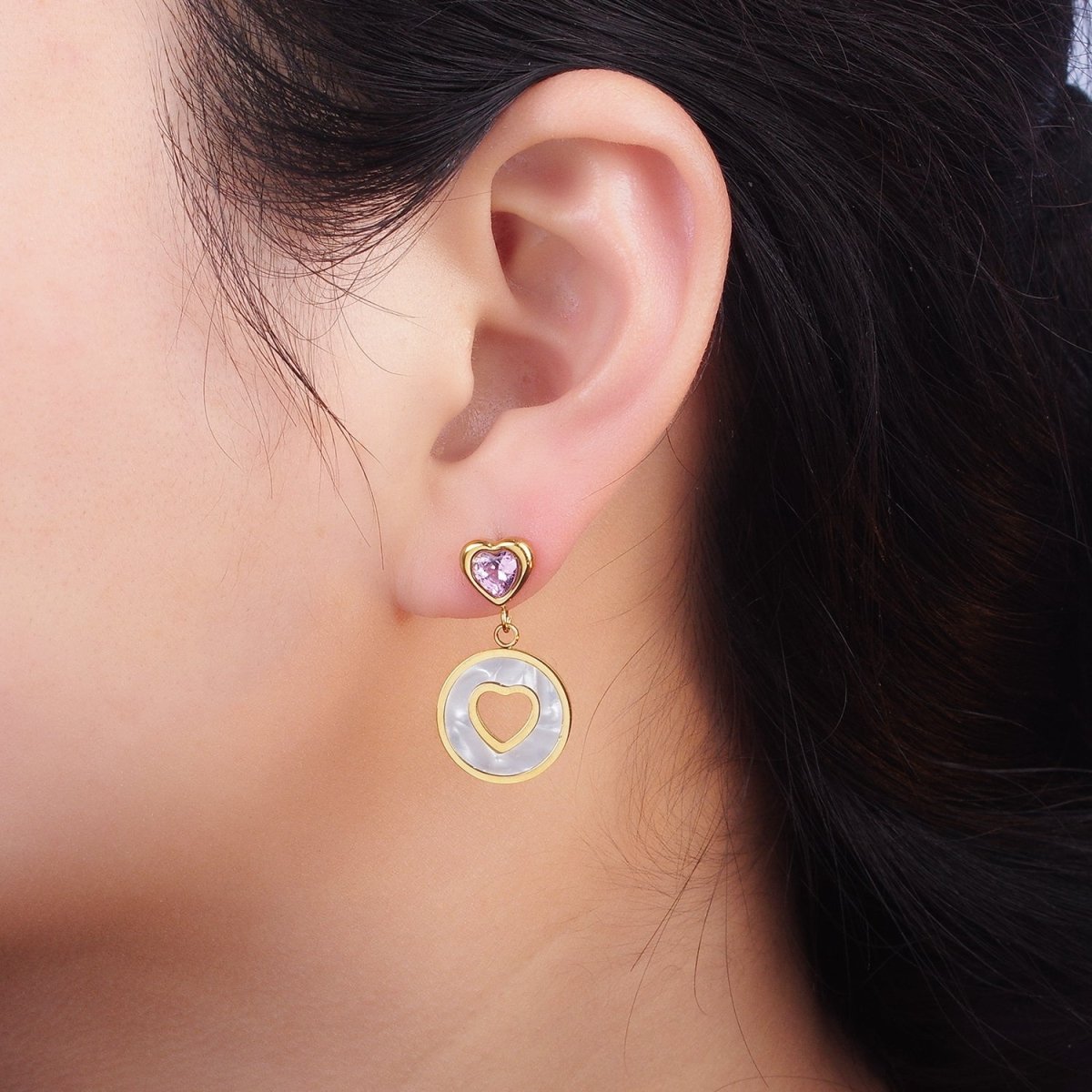 Stainless Steel Open Shell Pearl Heart Pink, Green CZ Drop Stud Earrings | AE473 AE474