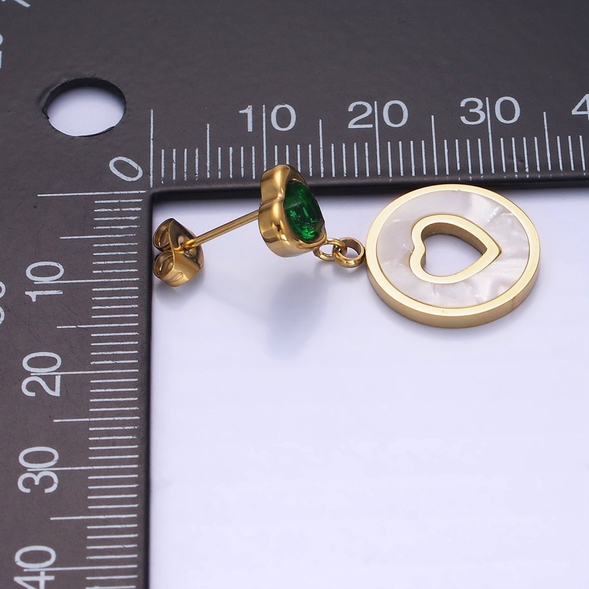 Stainless Steel Open Shell Pearl Heart Pink, Green CZ Drop Stud Earrings | AE473 AE474