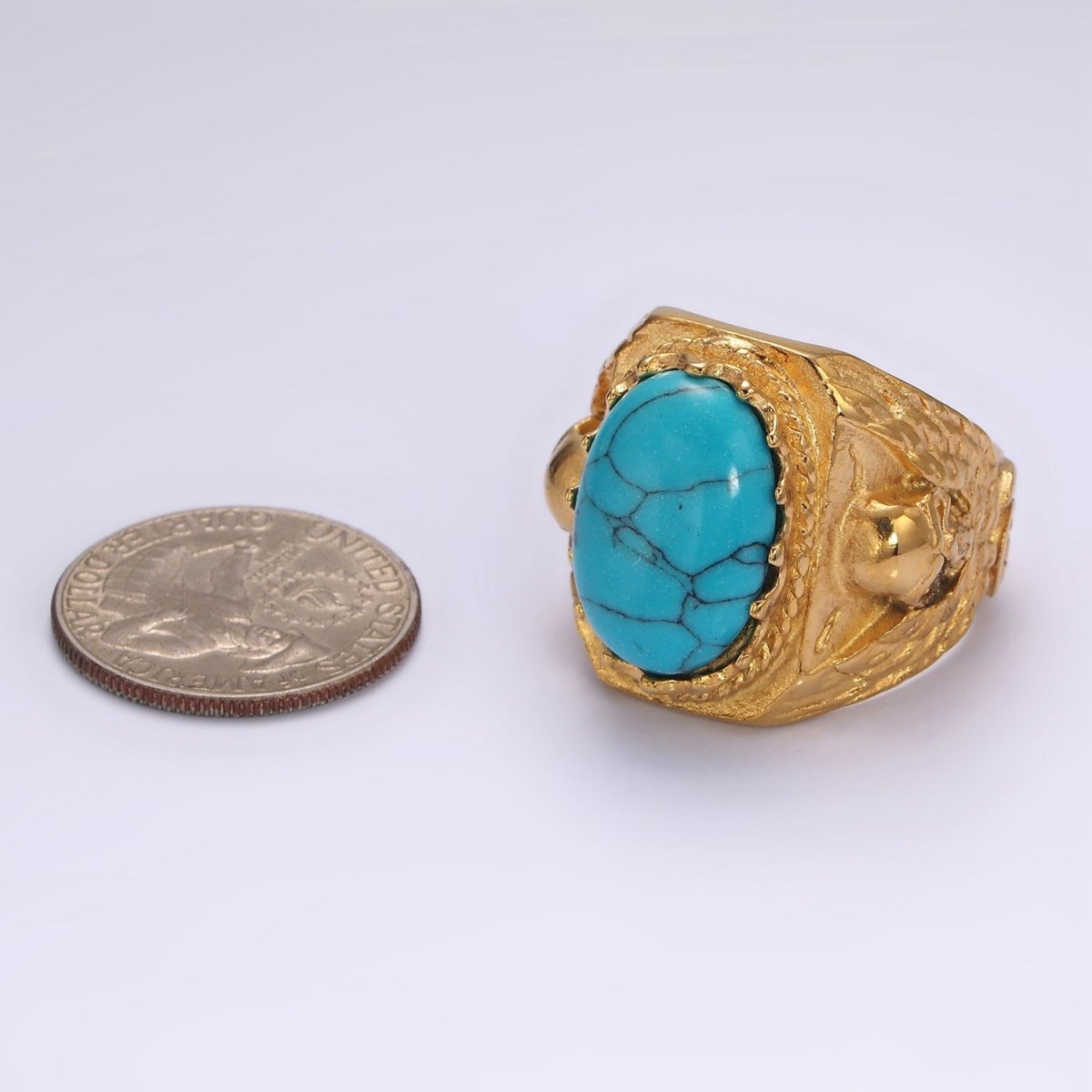 Stainless Steel Oval Turquoise Gemstone Molten Skull Signet Ring in Gold & Black | O1216 - O1221