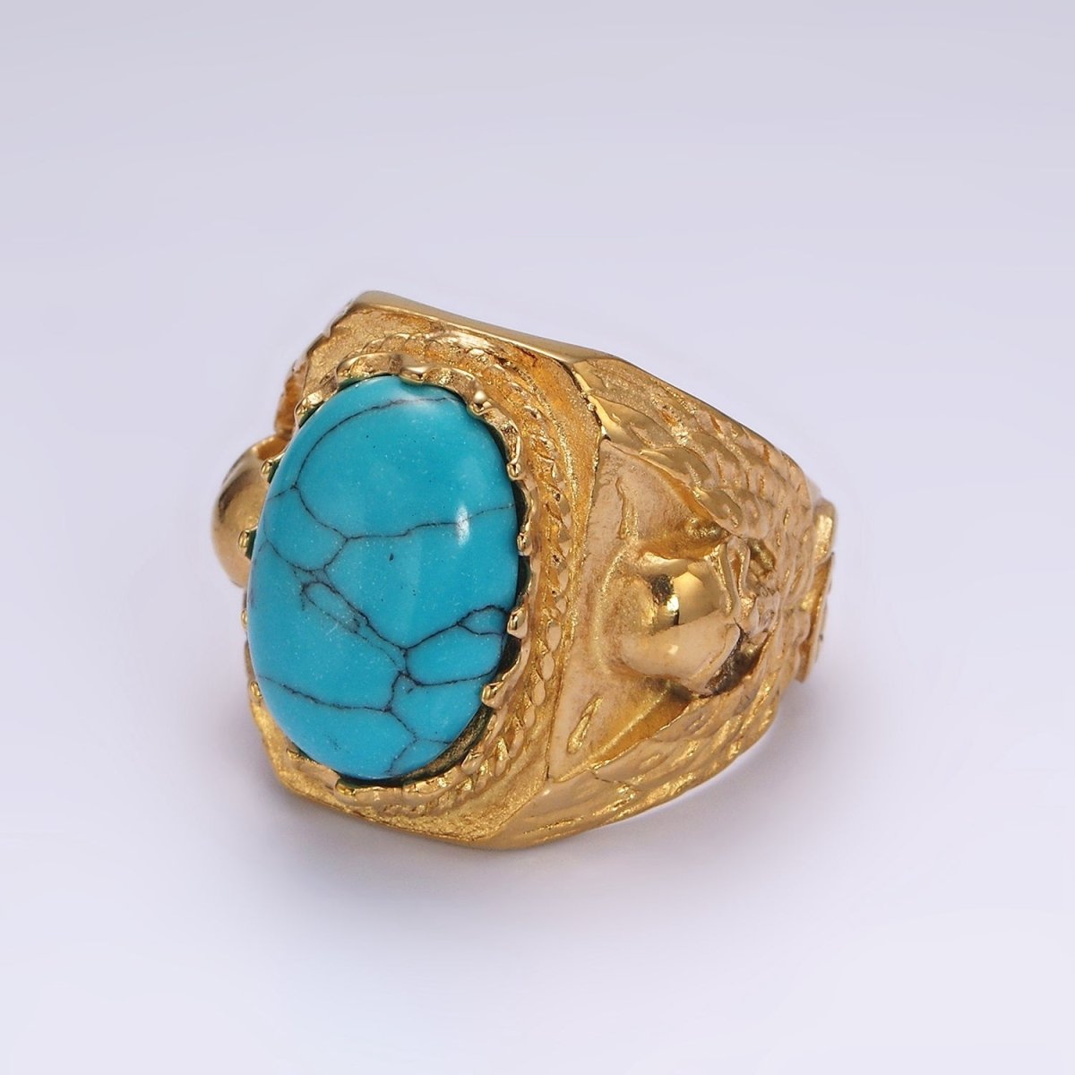 Stainless Steel Oval Turquoise Gemstone Molten Skull Signet Ring in Gold & Black | O1216 - O1221
