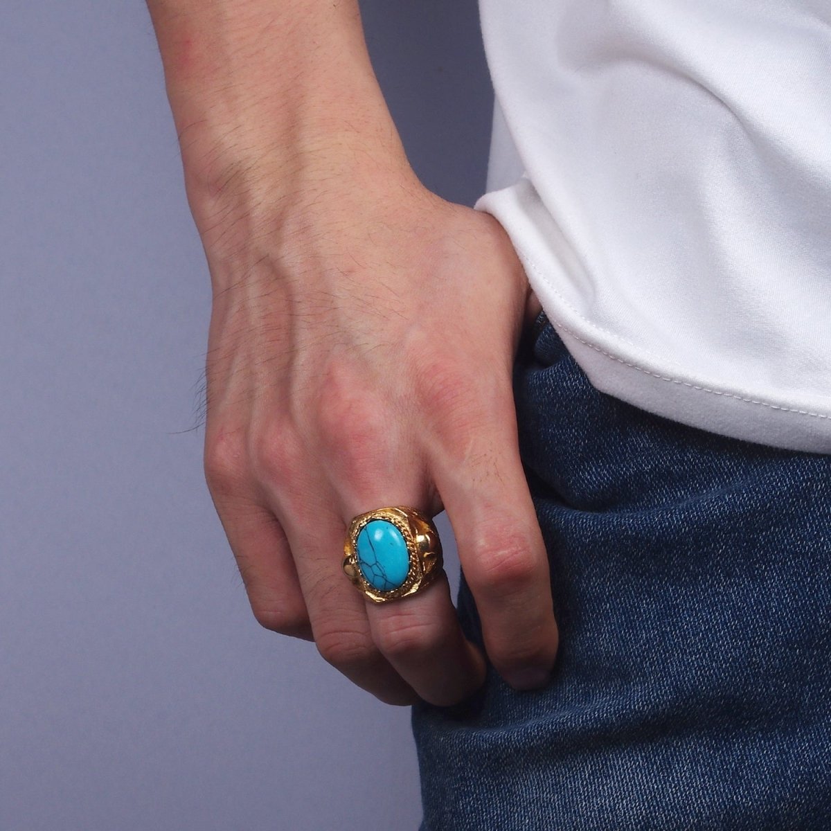 Stainless Steel Oval Turquoise Gemstone Molten Skull Signet Ring in Gold & Black | O1216 - O1221
