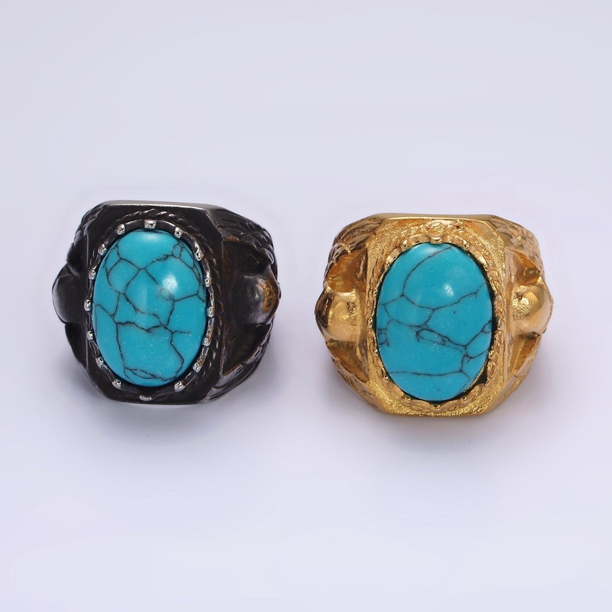 Stainless Steel Oval Turquoise Gemstone Molten Skull Signet Ring in Gold & Black | O1216 - O1221