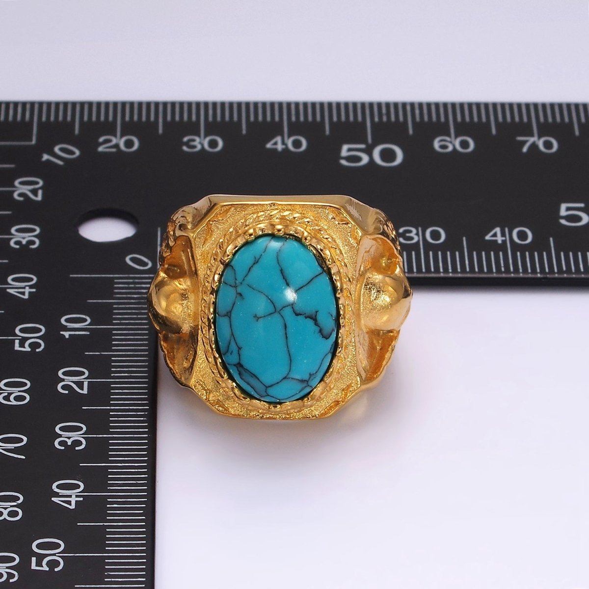 Stainless Steel Oval Turquoise Gemstone Molten Skull Signet Ring in Gold & Black | O1216 - O1221