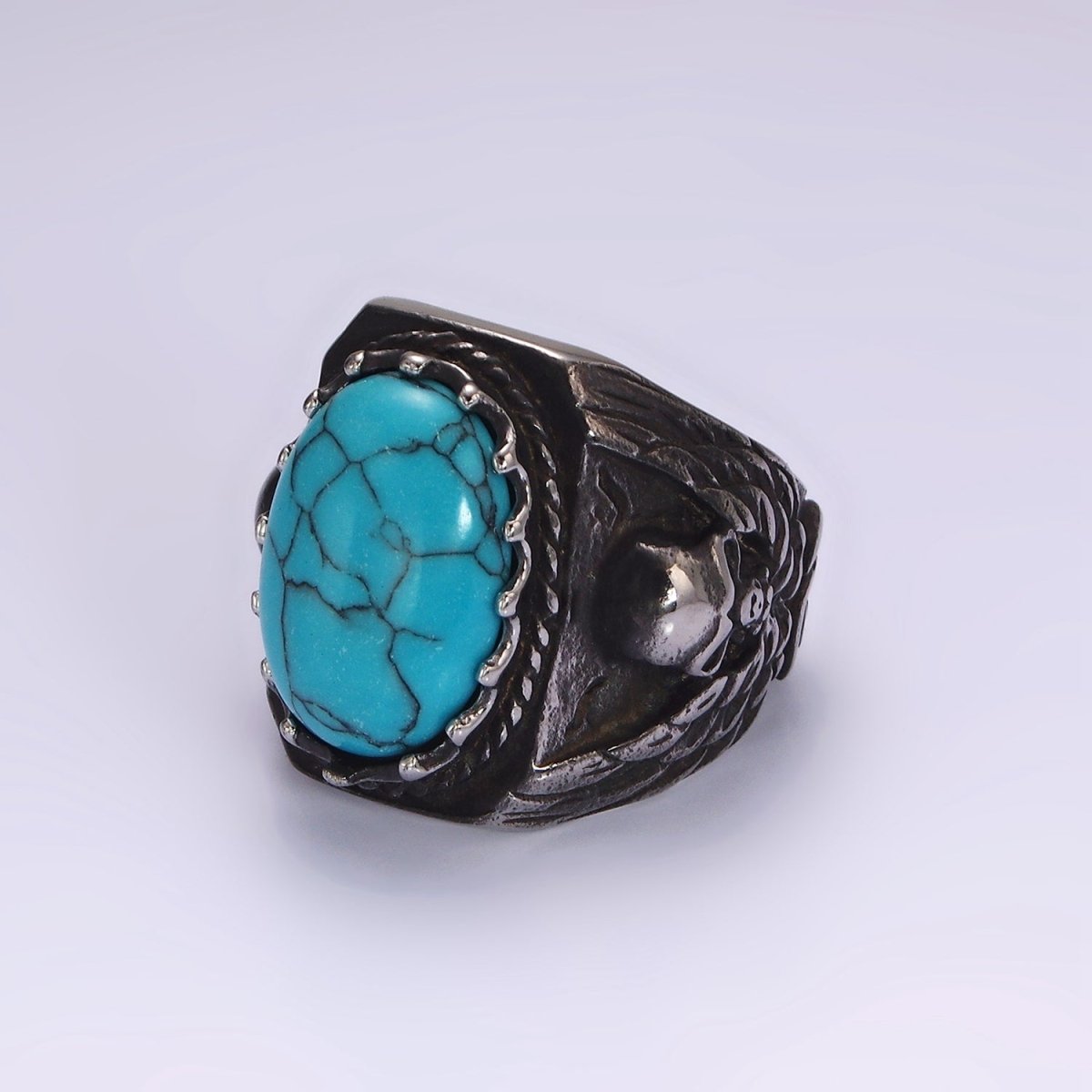 Stainless Steel Oval Turquoise Gemstone Molten Skull Signet Ring in Gold & Black | O1216 - O1221