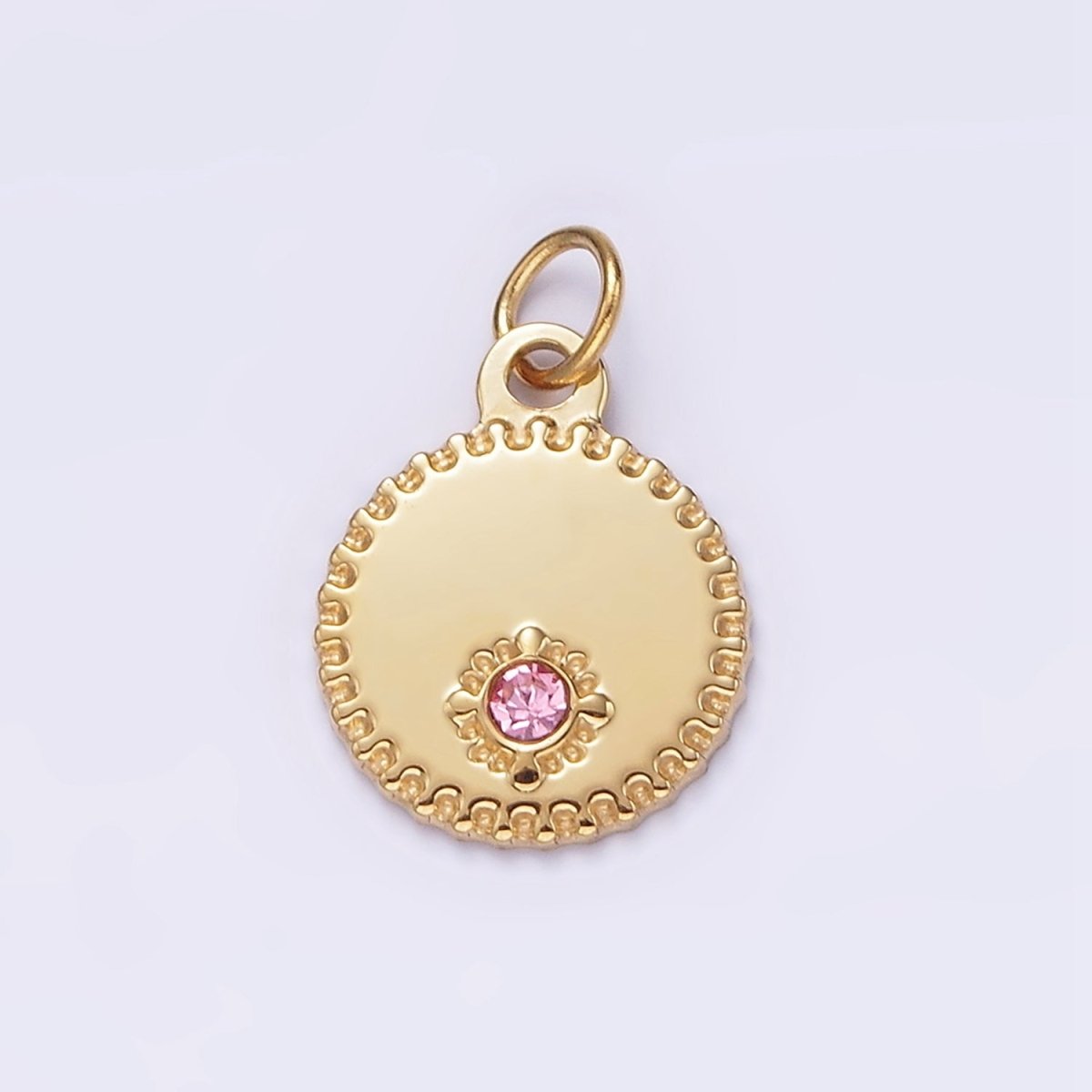 Stainless Steel Pink CZ Dotted Stamped Outline Round Charm | P-632