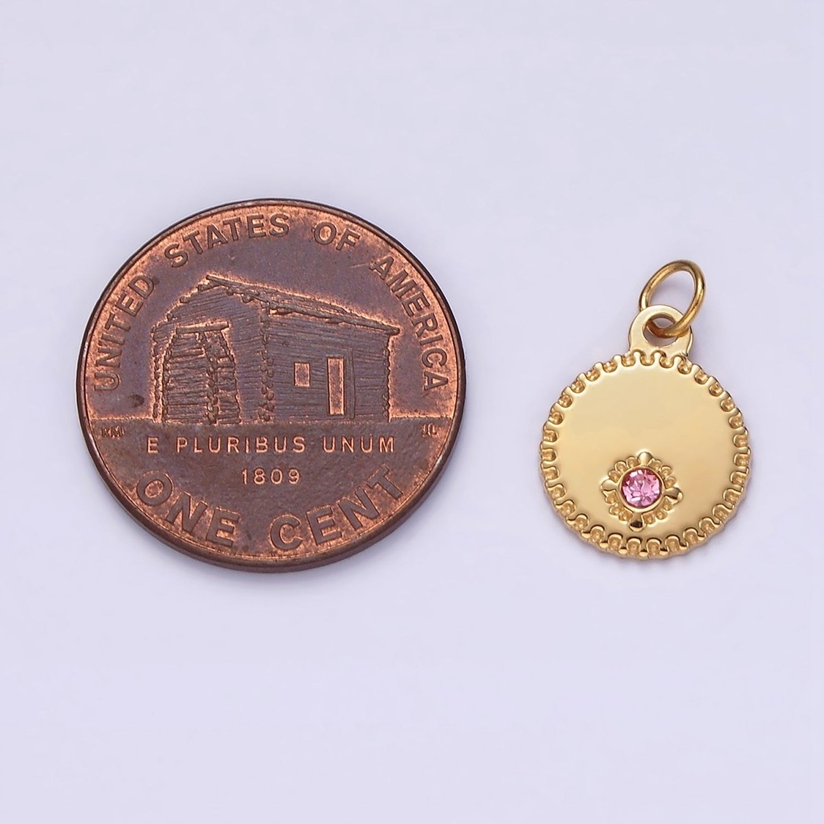 Stainless Steel Pink CZ Dotted Stamped Outline Round Charm | P-632