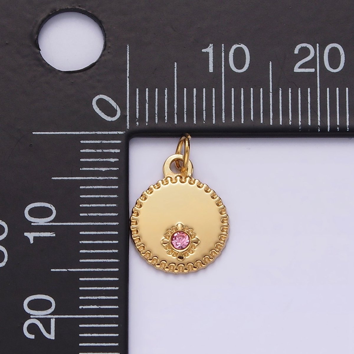 Stainless Steel Pink CZ Dotted Stamped Outline Round Charm | P-632