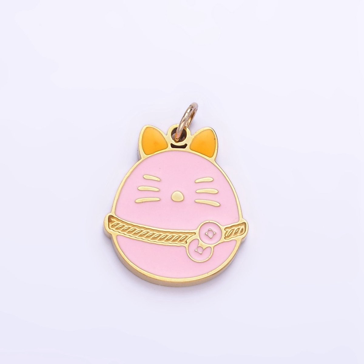 Stainless Steel Pink Fortune Coin Cat Enamel Charm | P1012 - DLUXCA