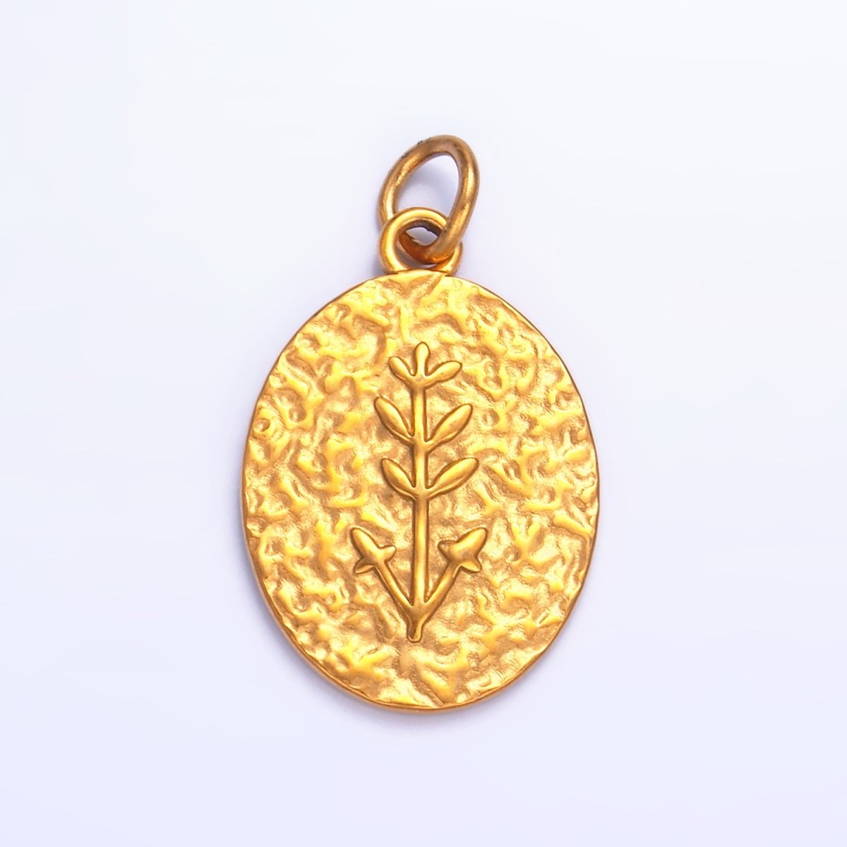Stainless Steel Plant Tree Stamped Hammered Oval Charm | P627 - DLUXCA