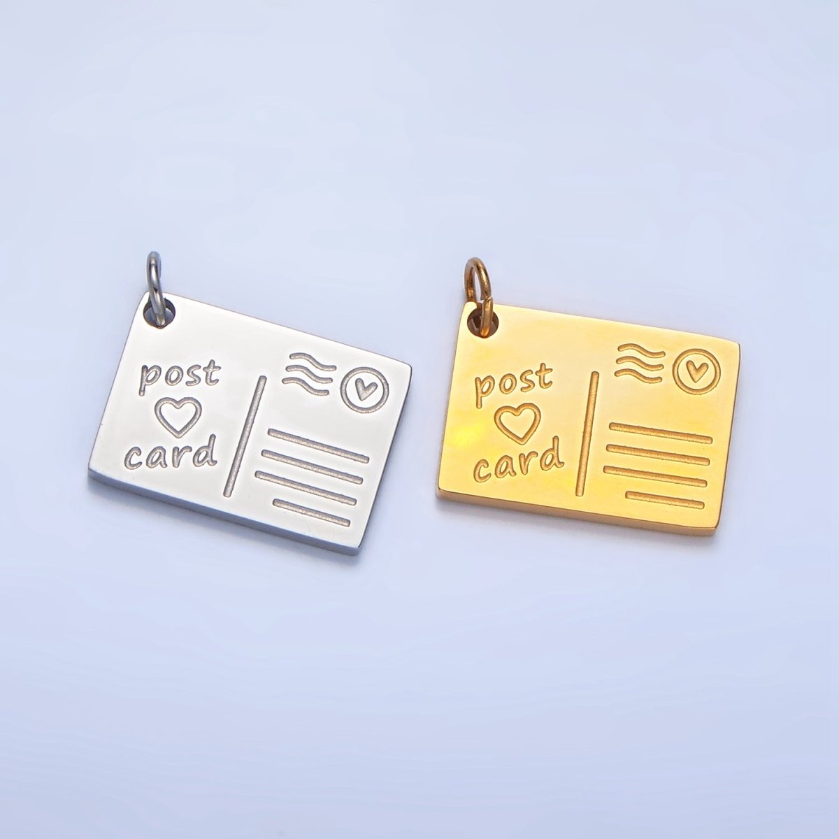 Stainless Steel "Post Card" Heart Script Engraved Charm in Gold & Silver | P1262