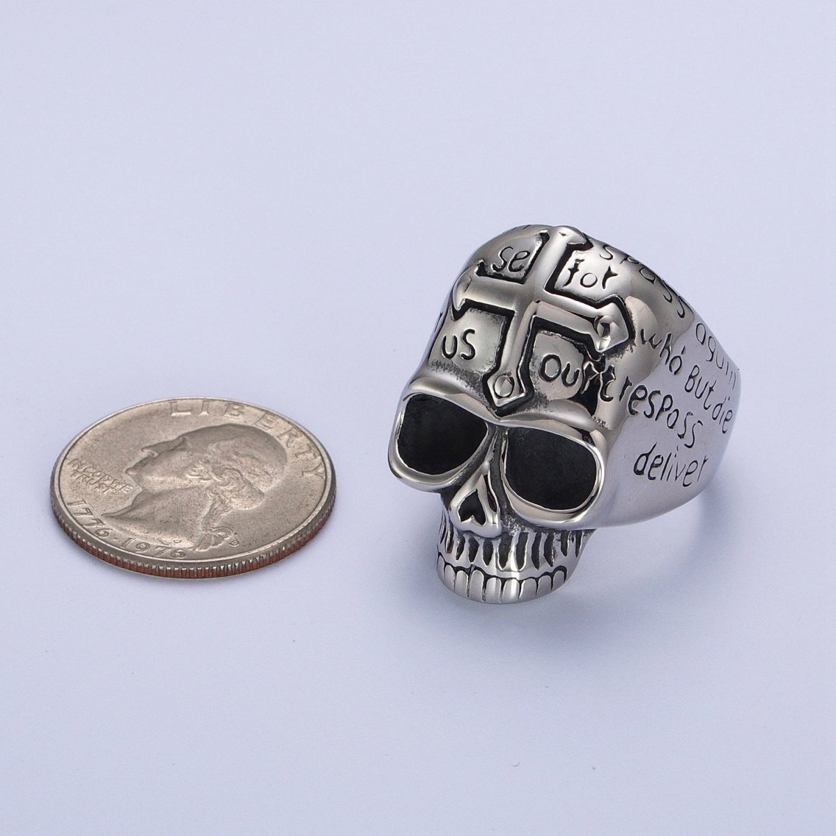 Stainless Steel Prayer Passion Cross Engraved on Skeleton Skull Silver Signet Ring | O-230 O-231 O-241 O-242