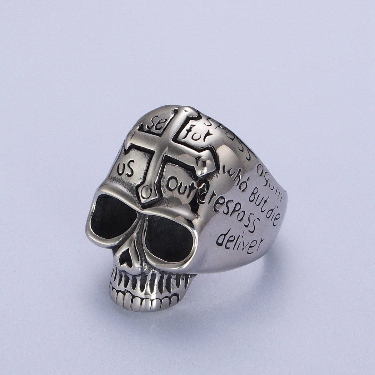 Stainless Steel Prayer Passion Cross Engraved on Skeleton Skull Silver Signet Ring | O-230 O-231 O-241 O-242