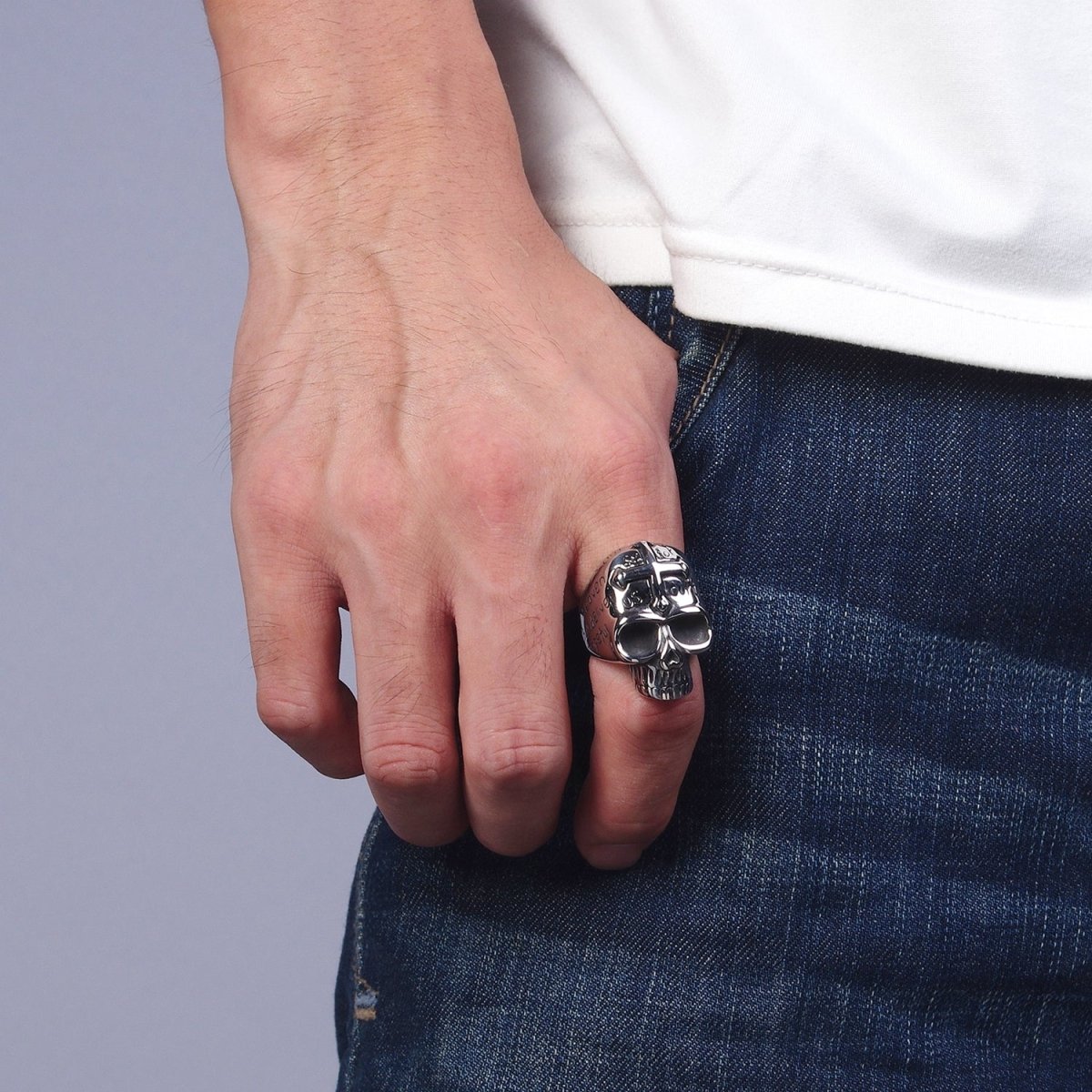 Stainless Steel Prayer Passion Cross Engraved on Skeleton Skull Silver Signet Ring | O-230 O-231 O-241 O-242