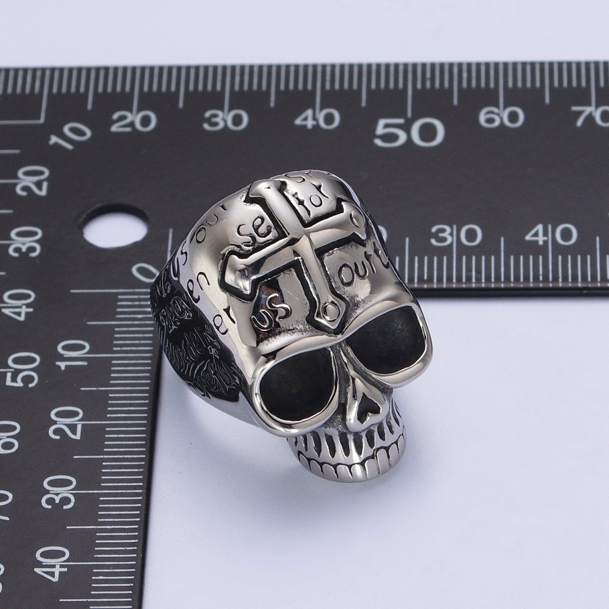 Stainless Steel Prayer Passion Cross Engraved on Skeleton Skull Silver Signet Ring | O-230 O-231 O-241 O-242