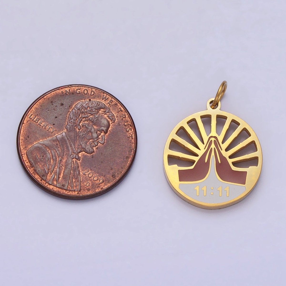 Stainless Steel Praying Hands Numerology 11:11 Sun Beam Round Charm in Silver & Gold | P-920