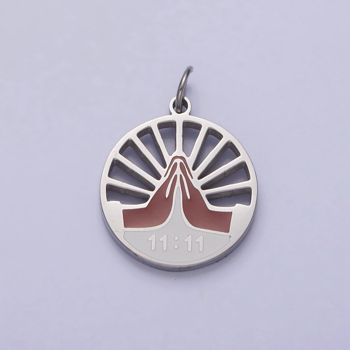 Stainless Steel Praying Hands Numerology 11:11 Sun Beam Round Charm in Silver & Gold | P-920