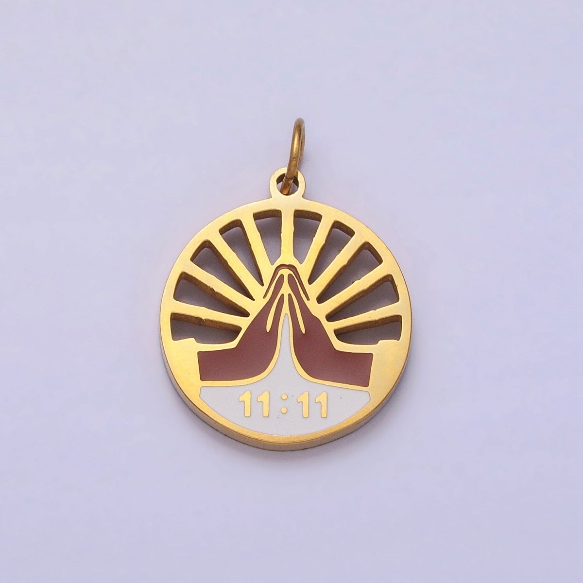 Stainless Steel Praying Hands Numerology 11:11 Sun Beam Round Charm in Silver & Gold | P-920