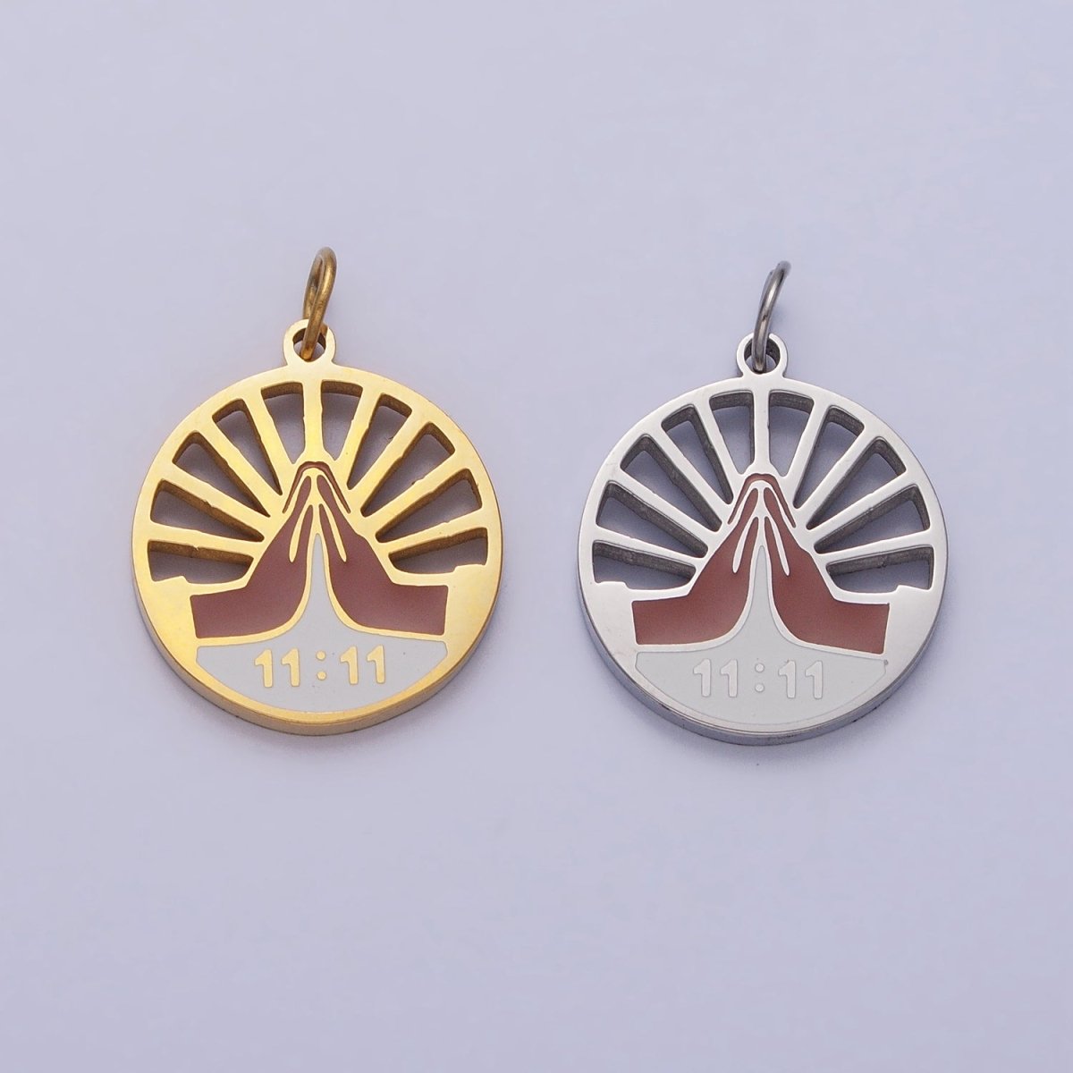 Stainless Steel Praying Hands Numerology 11:11 Sun Beam Round Charm in Silver & Gold | P-920